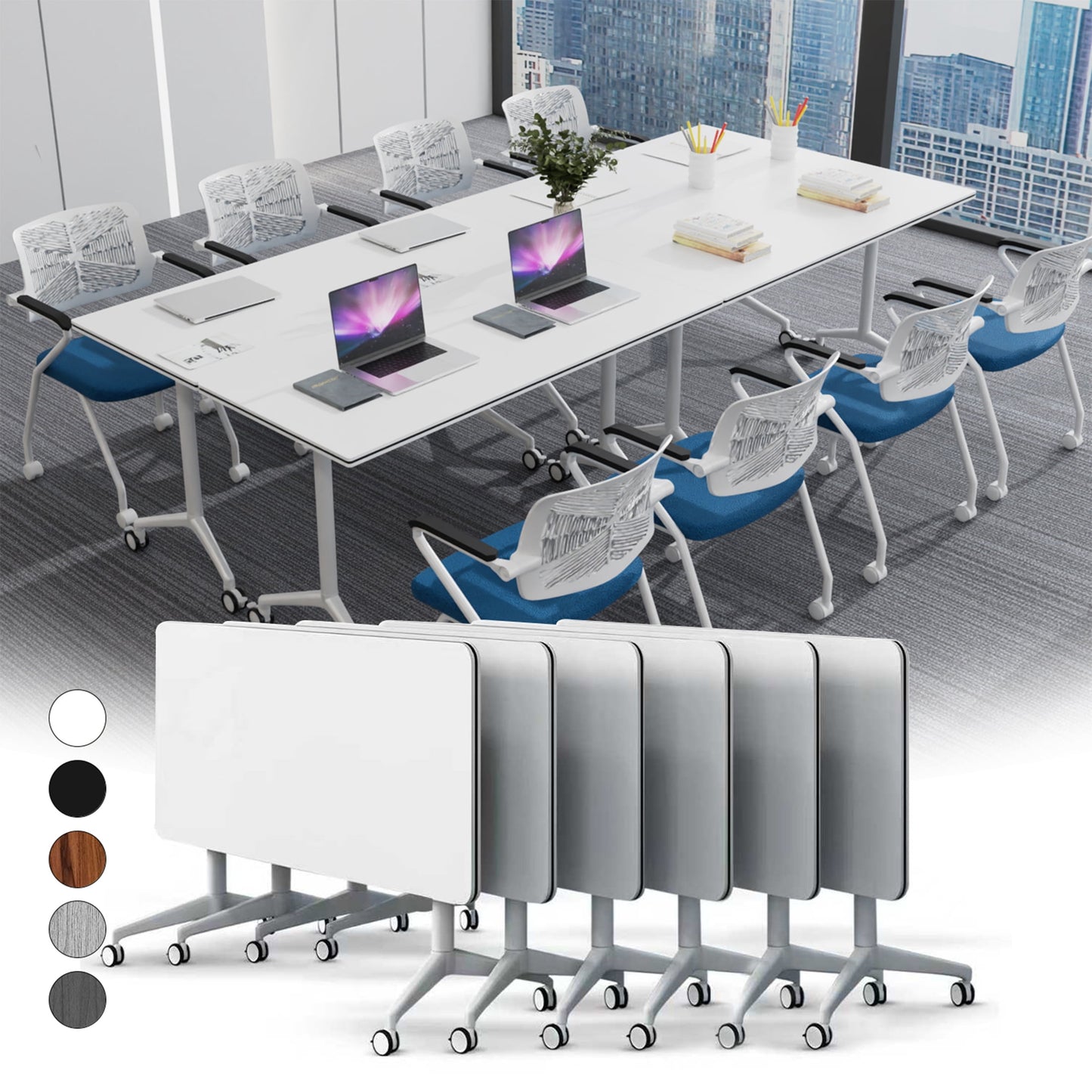 Folding Conference Table with Wheels, Modular Flip Top Meeting Desk, Commercial Training Table for Office Classroom(8,Black 2,61" D X 19.6" W X 29.5" H)