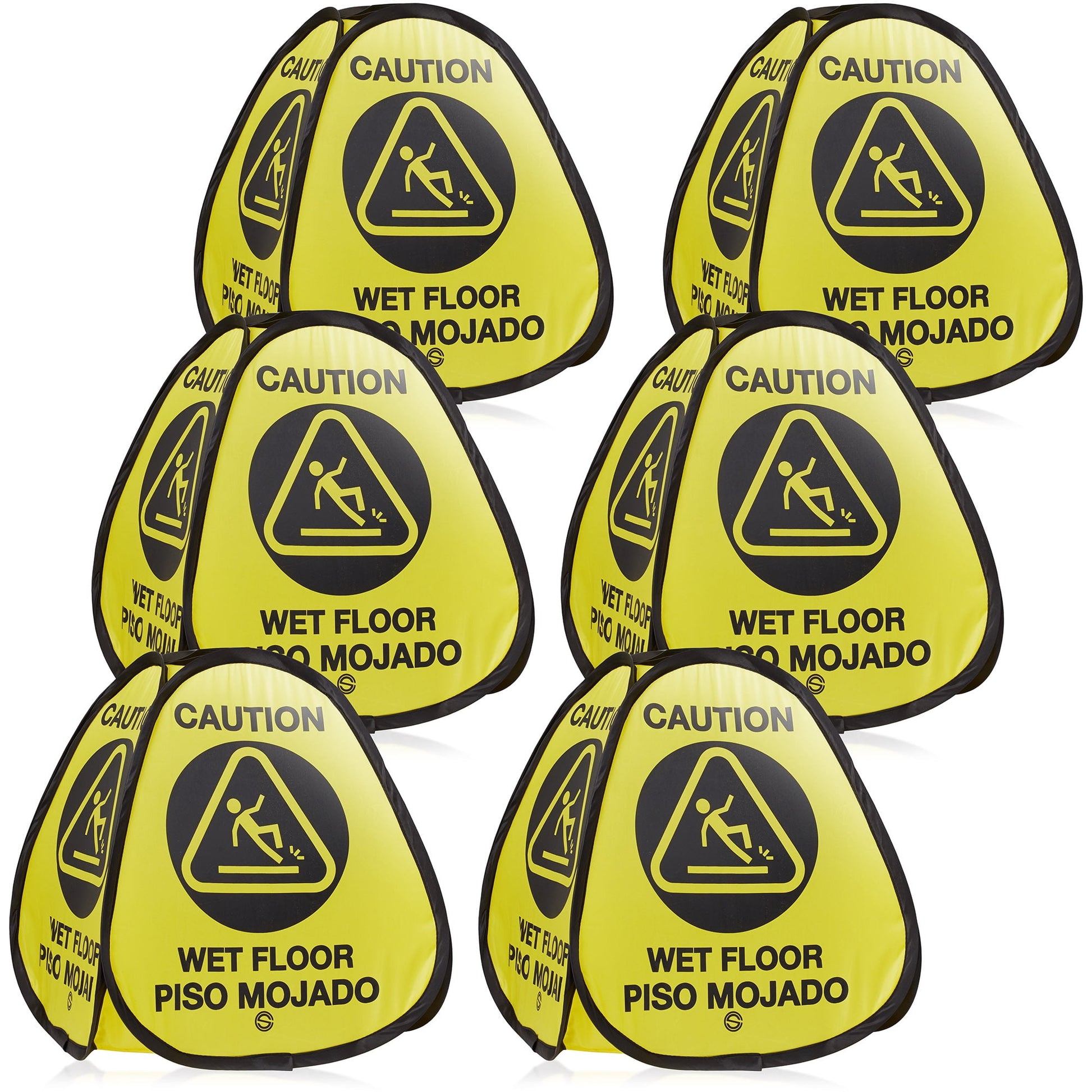 Dryser 6-Pack 16" Pop-up Caution Wet Floor Signs - Yellow 4-Sided English/Spanish Warnings