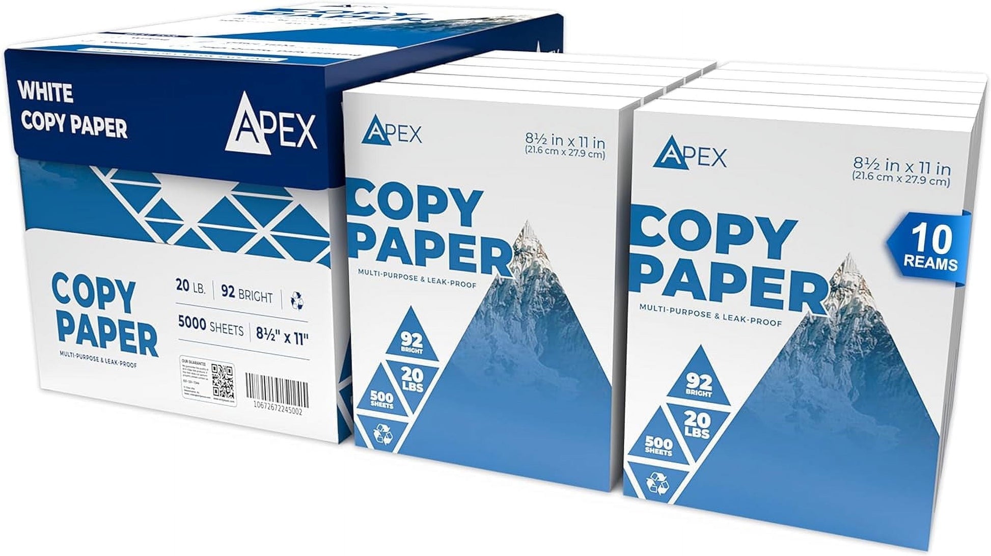 E-CLIPS USA Apex White Copy Paper 8.5” x 11” Multipurpose Printer Paper, 10 Reams Case