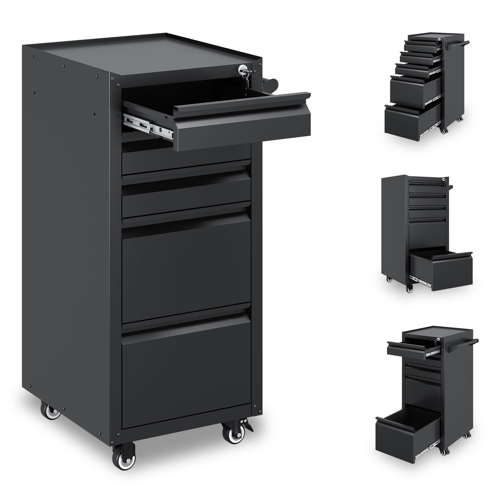 Fesbos 5-Drawer Rolling Tool Chest, Lockable Metal Cabinet with Wheels & Ball-Bearing Slides, Industrial Mobile Tool Storage Cart for Garage, Workshop, Mechanic
