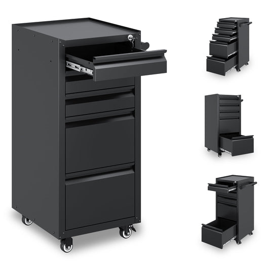 Fesbos 5-Drawer Rolling Tool Chest, Lockable Metal Cabinet with Wheels & Ball-Bearing Slides, Industrial Mobile Tool Storage Cart for Garage, Workshop, Mechanic