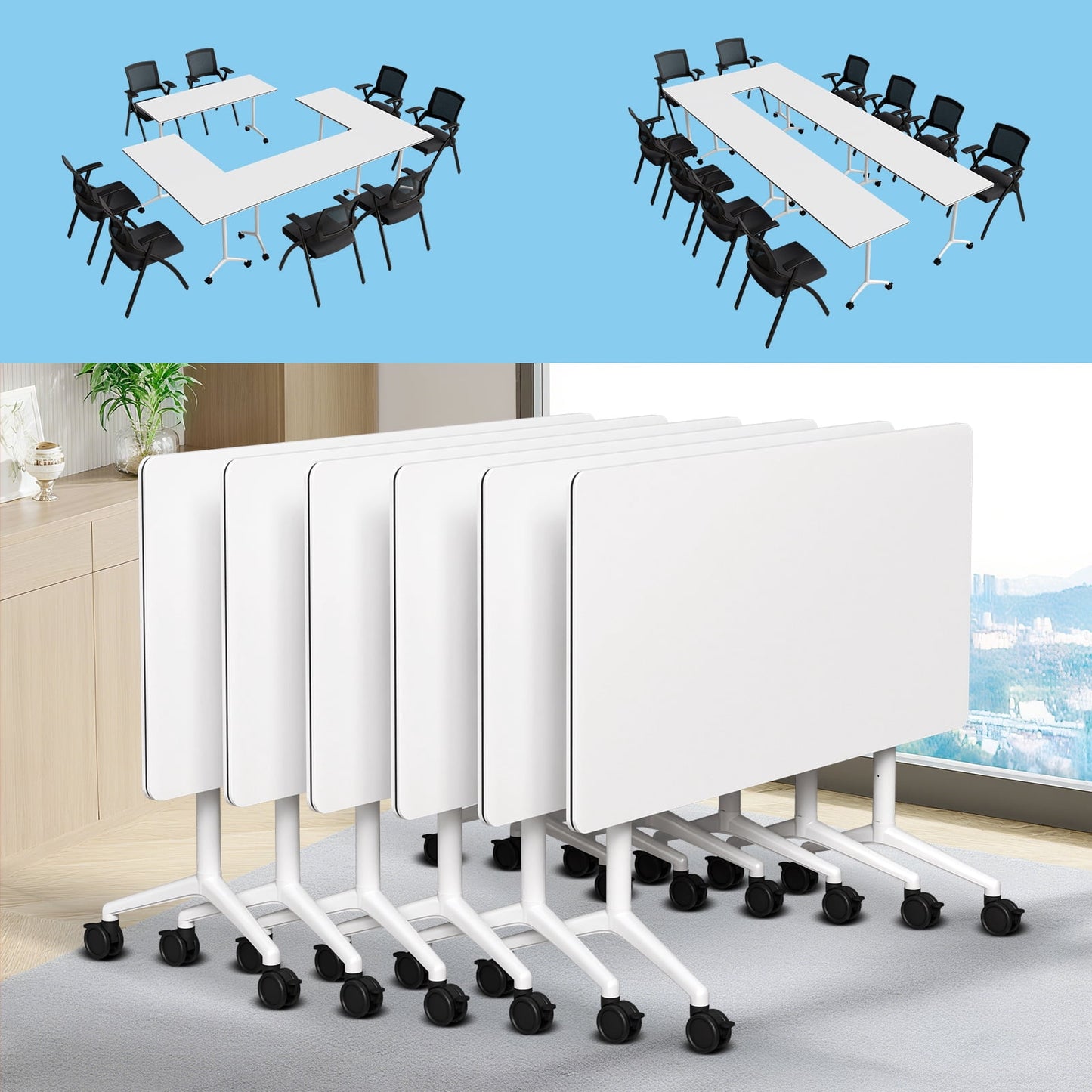 Folding Conference Room Tables with Silent Wheels, 6-12 Person Modern Foldable Modular Meeting Training desk for Office Seminar Boardroom (61 Ebony 8)