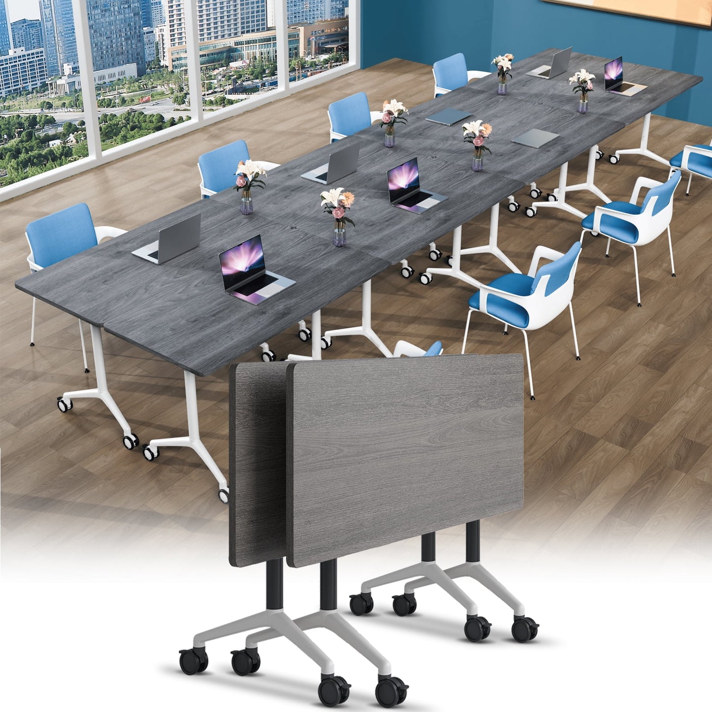 Folding Conference Room Tables with Silent Wheels, 6-12 Person Modern Foldable Modular Meeting Training desk for Office Seminar Boardroom (61 Ebony 8)