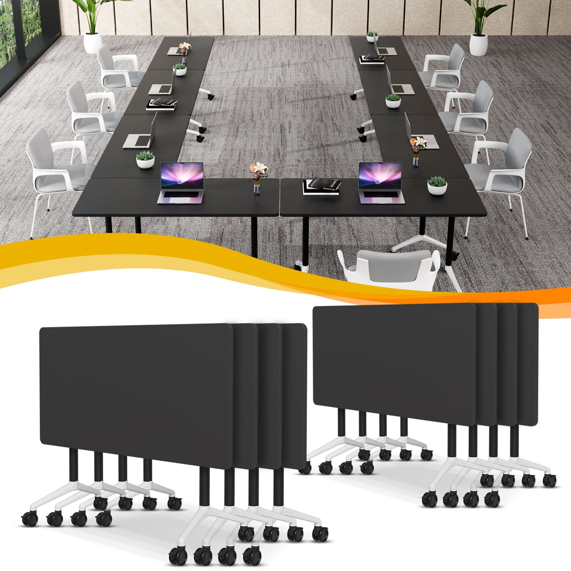 Folding Conference Table with Wheels, Modular Flip Top Meeting Desk, Commercial Training Table for Office Classroom(8,Black 2,61" D X 19.6" W X 29.5" H)