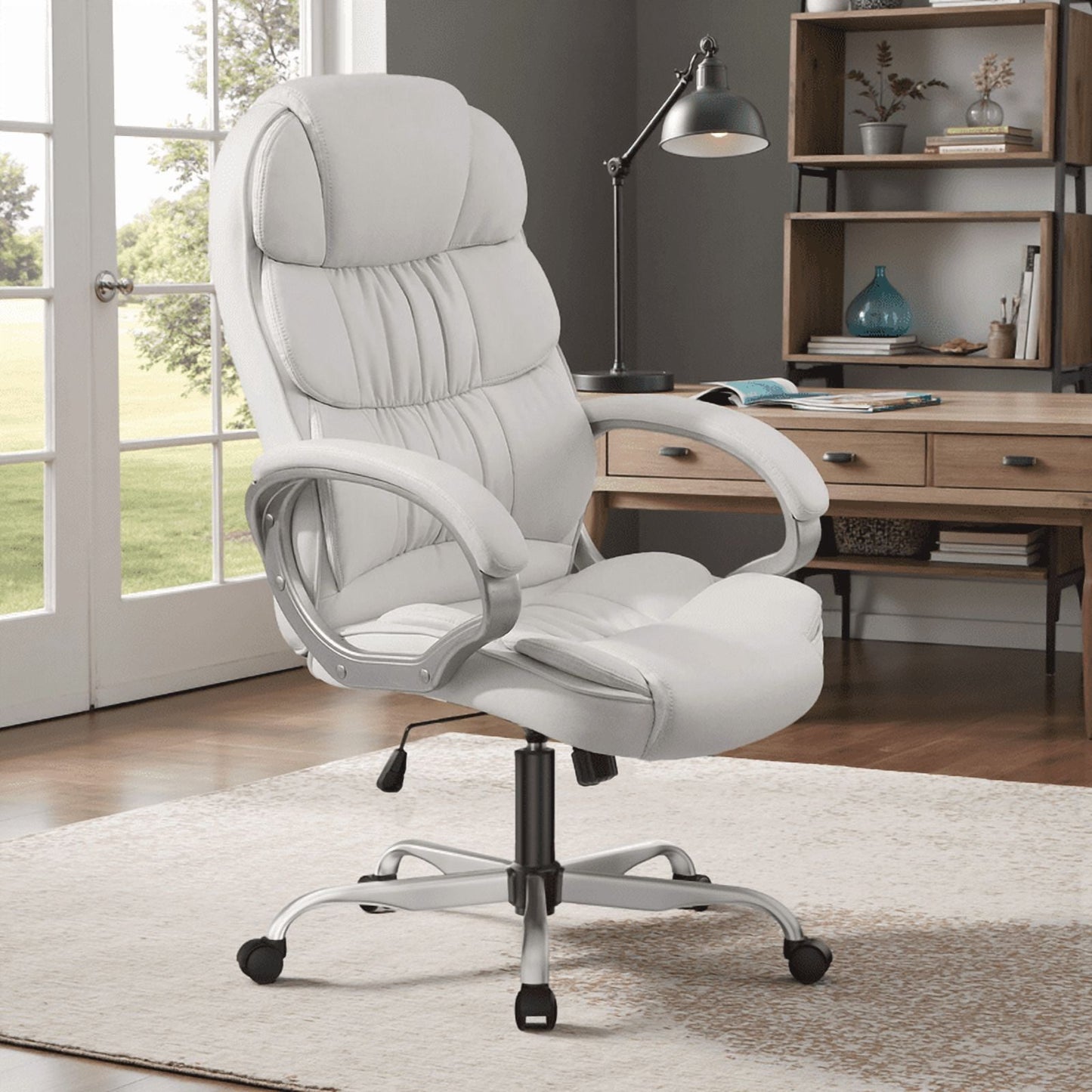 Furmax High Back Office Adjustable Ergonomic Desk Padded Armrests Executive PU Leather Swivel Task Chair with Lumbar Support, Black