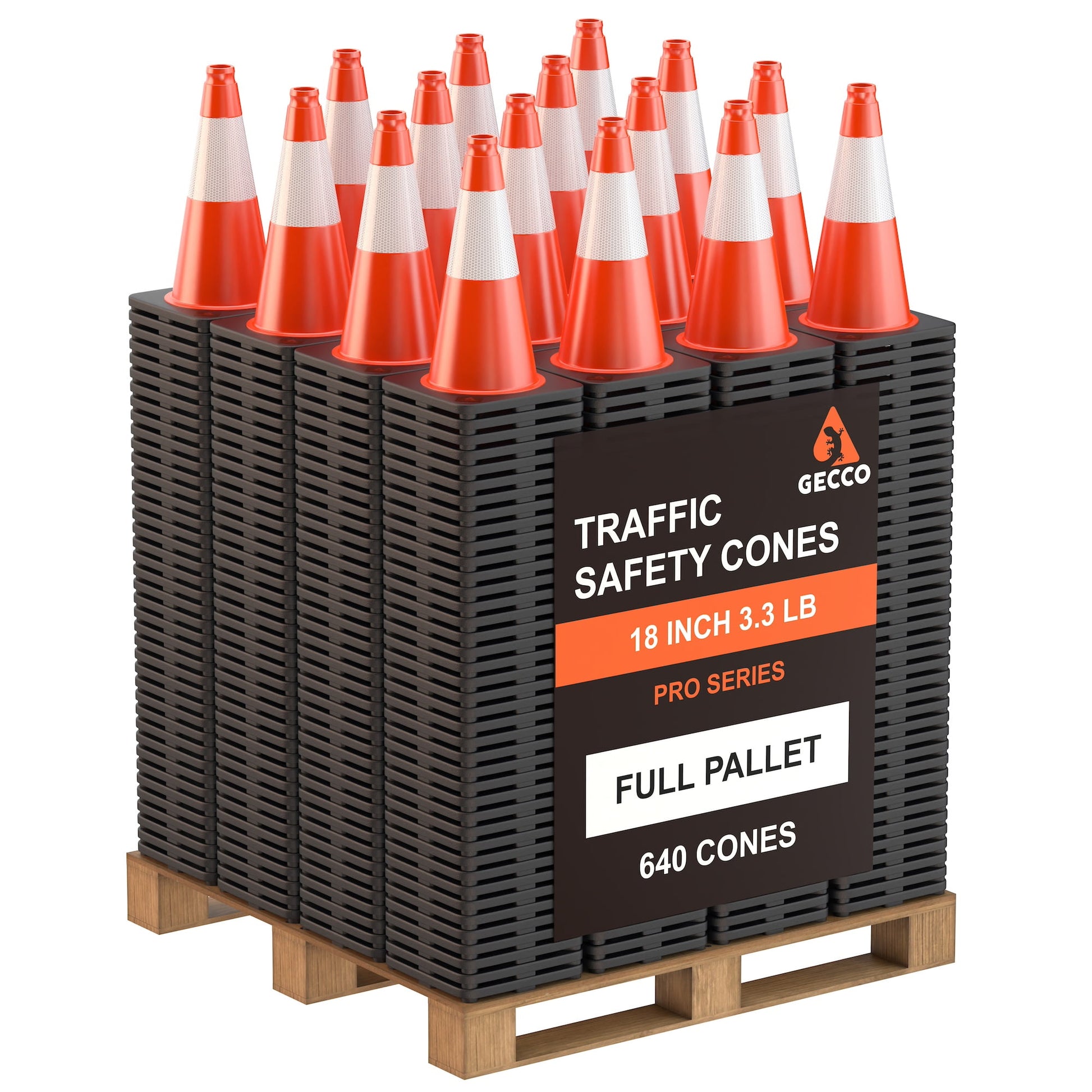 GECCO™ (640 Cones per Pallet) 18 Inch 3.3 Lb Orange Traffic Cones in Bulk | PVC Plastic & Black Base - [PRO SERIES]