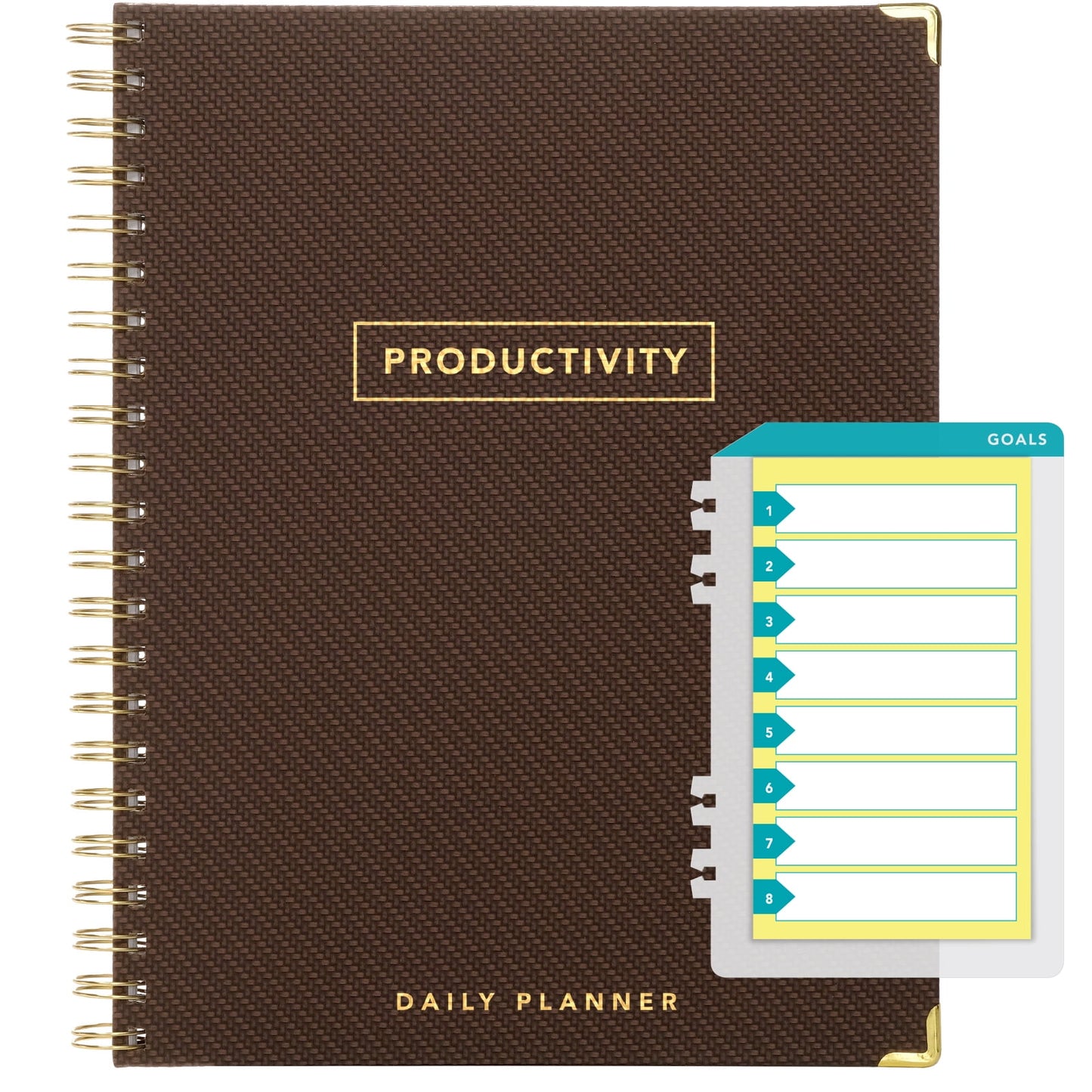 Global Printed Products Productivity Planner with Bookmark and Notepad - Spiral Notebook for Daily Planning - 8.5" x 11" (Brown) - GPP-0092-D
