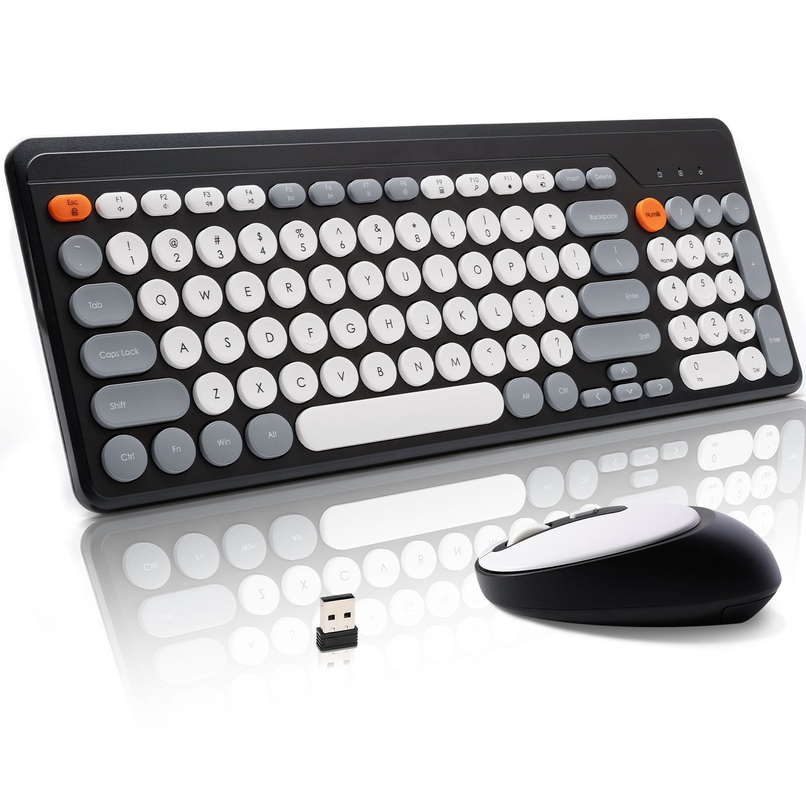 HUO JI Wireless Keyboard and Mouse Combos,USB 2.4GHz Receiver Plug and Play, Mixed Color Round Keycaps Retro Office Keyboards, for Windows, Mac, PC, Laptop, Desktop.(Black Grey)