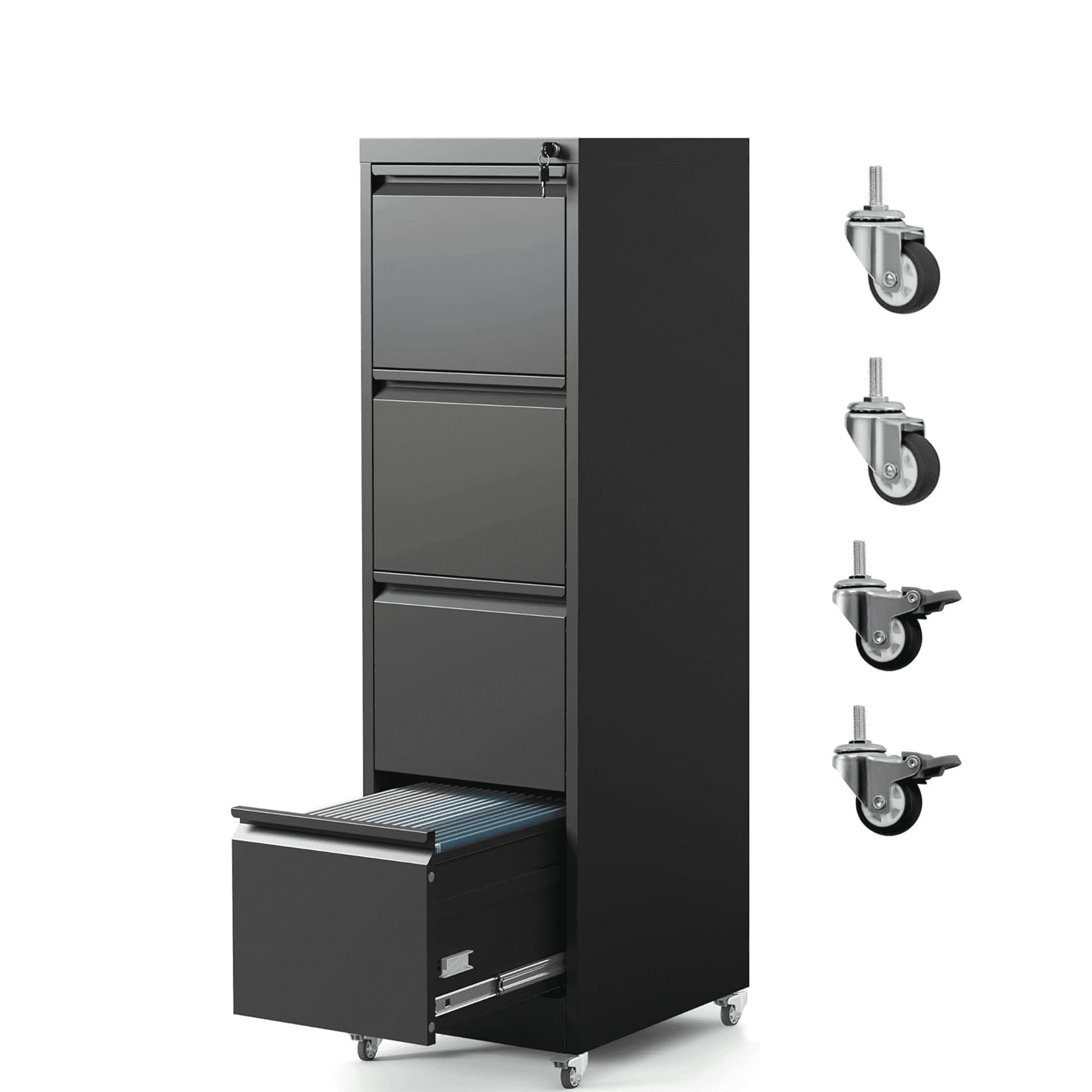 IKIMI 4-Drawer Vertical File Cabinets with Lock, Portable Rolling Metal Filing Cabinet for Legal/Letter/A4 Files, Black