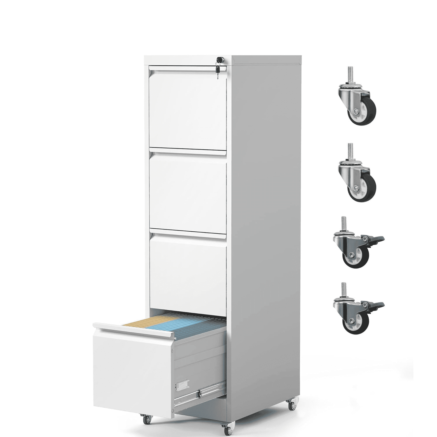 IKIMI 4-Drawer Vertical File Cabinets with Lock, Portable Rolling Metal Filing Cabinet for Legal/Letter/A4 Files, Black