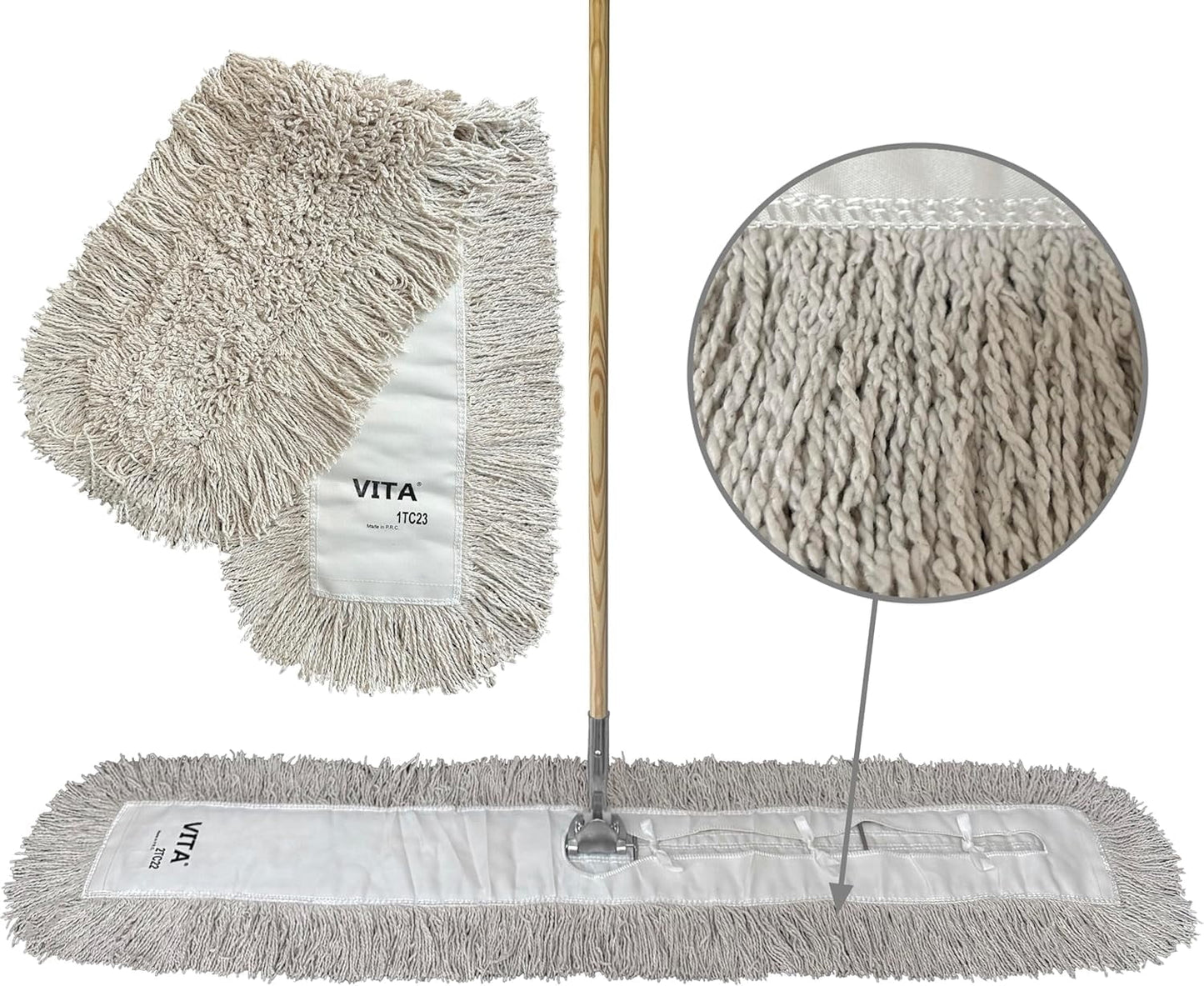 Industrial Dust Mop Kit – Includes 60 Inch Blue Twisted Closed Loop Mop Head, Wood Handle, and Heavy-Duty Wire Frame – Commercial Grade for Janitorial & Facility Cleaning