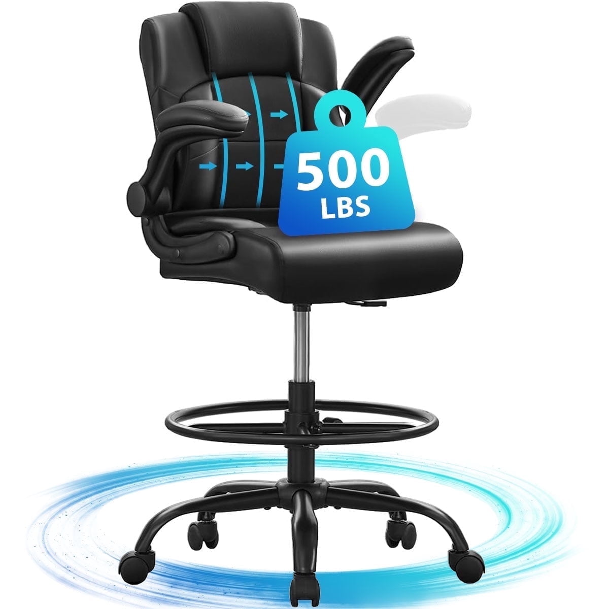 JONPONY 500 lbs Tall Office Chair with Flip-up Armrests for Standing Desk Executive Ergonomic Computer Leather Desk Chair with Lumbar Support, Adjustable Foot Ring for Home,Black