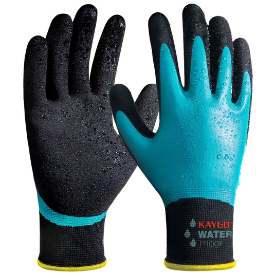 KAYGO Waterproof Work Gloves for Men and Women, Rubber Coated Non-slip Working Gloves for Garden, Outdoor Construction, KG150, Blue, L