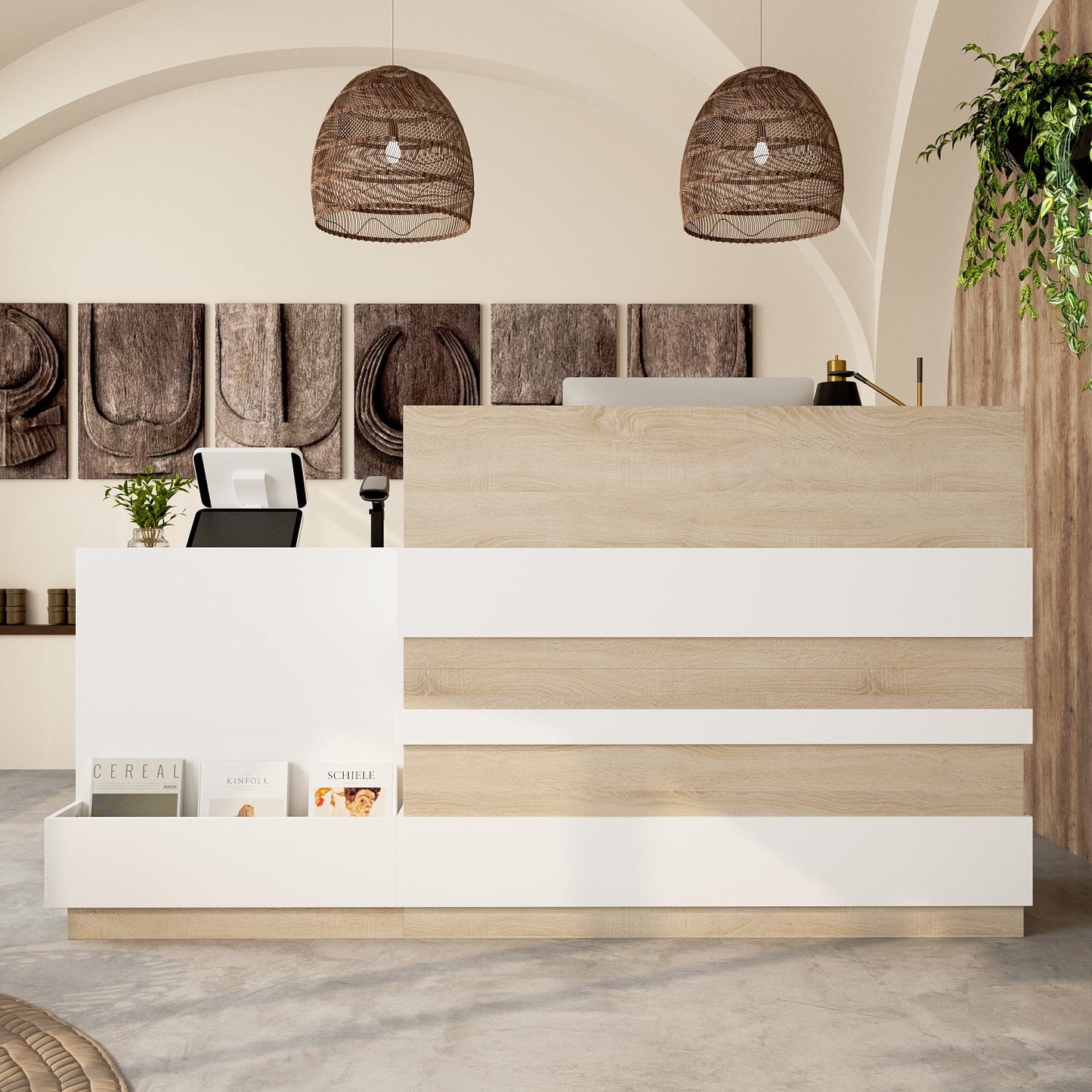 KULAGAGA Reception Desk with Drawer & Cabinet, Reception Counter Desk with Keyboard Tray, Front Reception Table Retail Counter for Checkout, for Office Store, Oak and White, 25.2”D x 87.2”W x 47.2”H