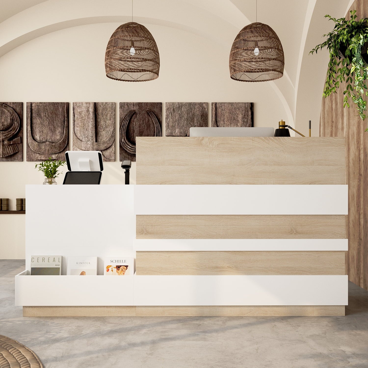 KULAGAGA Reception Desk with Drawer & Cabinet, Reception Counter Desk with Keyboard Tray, Front Reception Table Retail Counter for Checkout, for Office Store, Oak and White, 25.2”D x 87.2”W x 47.2”H