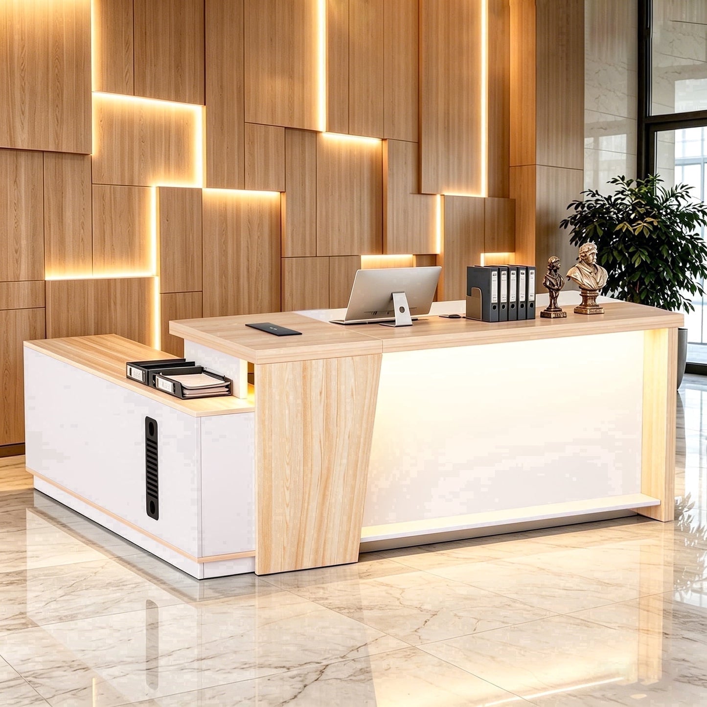 STICCIO L-Shaped Reception Desk with RGB LED Lights, 3 AC Outlets, USB-C and Combination Lock Drawer, 78 x 63 inch Front Desk for Office Lobby Salon