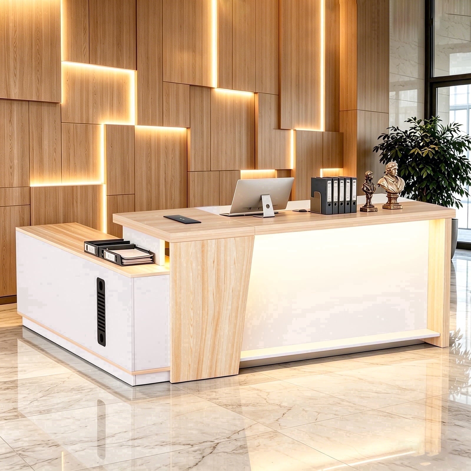 STICCIO L-Shaped Reception Desk with RGB LED Lights, 3 AC Outlets, USB-C and Combination Lock Drawer, 78 x 63 inch Front Desk for Office Lobby Salon