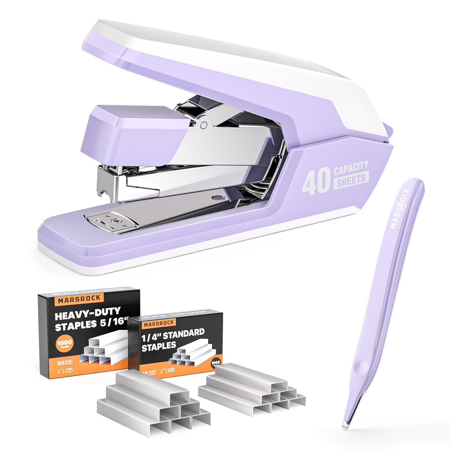Marsrock Effortless Stapler for Desk,40-50 Sheet Capacity, 2000 Staples, 1-Touch Stapling,Heavy Duty and Magnetic Staple Remover, Purpler