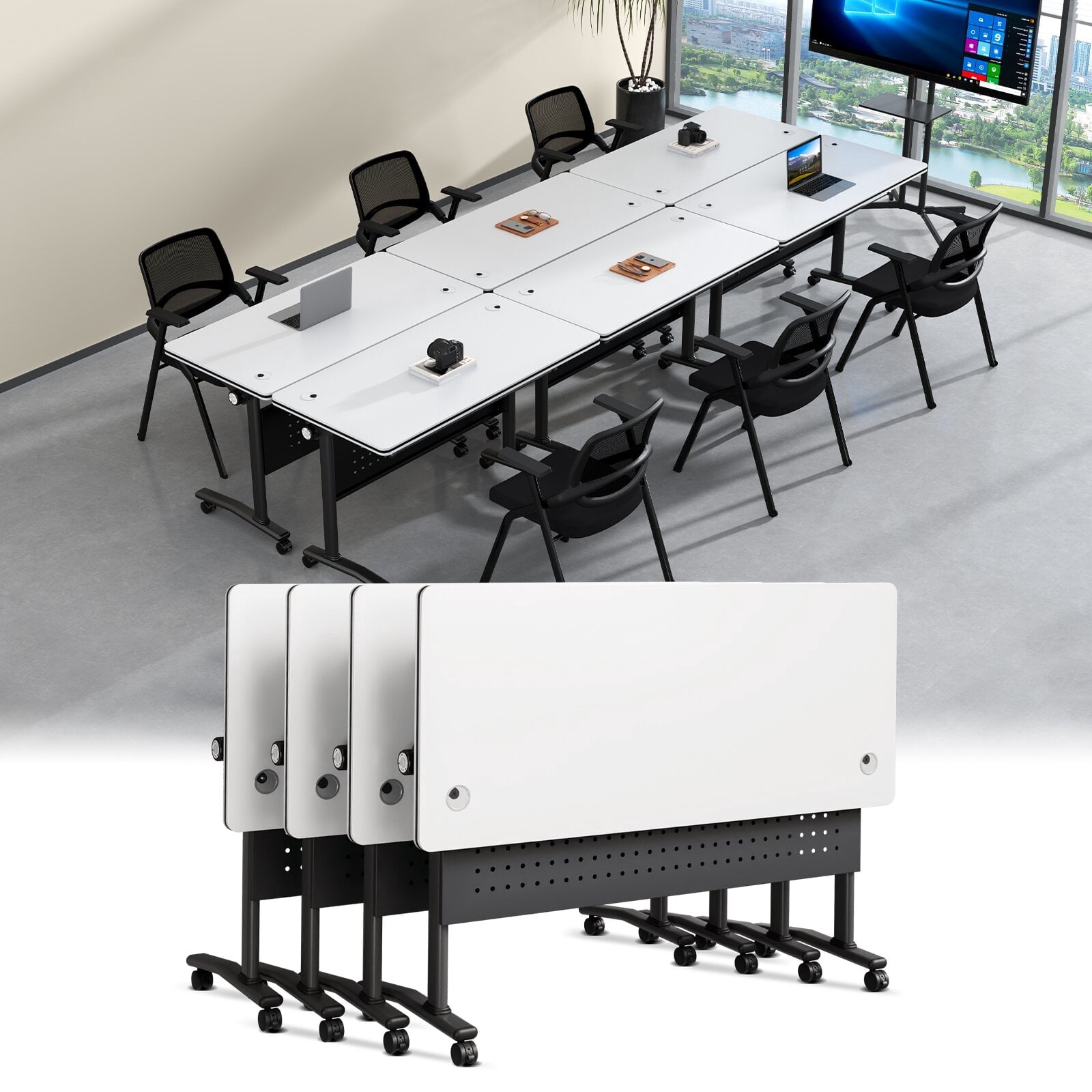 Lrxmastery Folding Conference Table, Commercial Training Desk with Lockable Casters, Sturdy Steel Frame for Classroom & Meeting Room, 4Pack