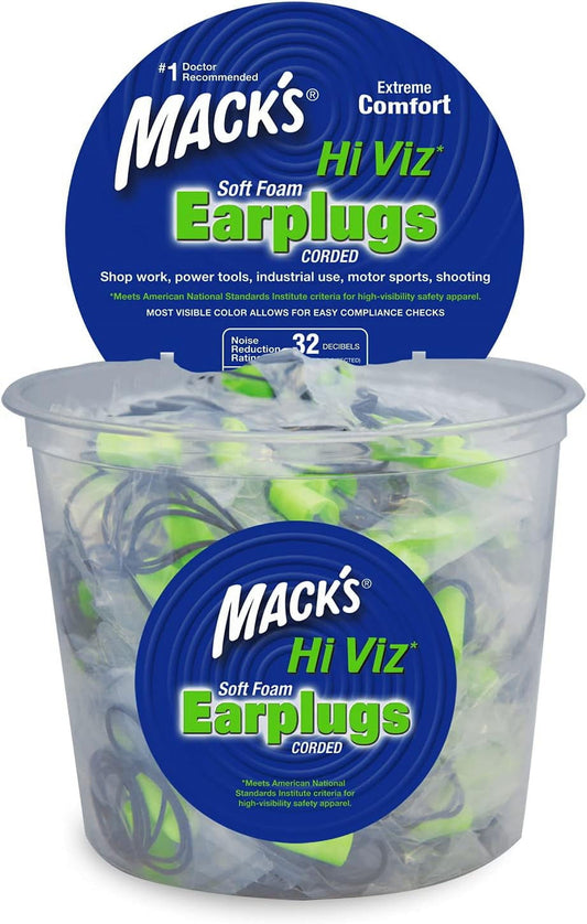 Mack’s Hi Viz Soft Foam Earplugs, 100 Pair Tub – Most Visible Color, Easy Compliance Checks, 32dB High NRR – Comfortable, Safe Ear Plugs for Shop Work, Industrial Use, Motor Sports and Shooting