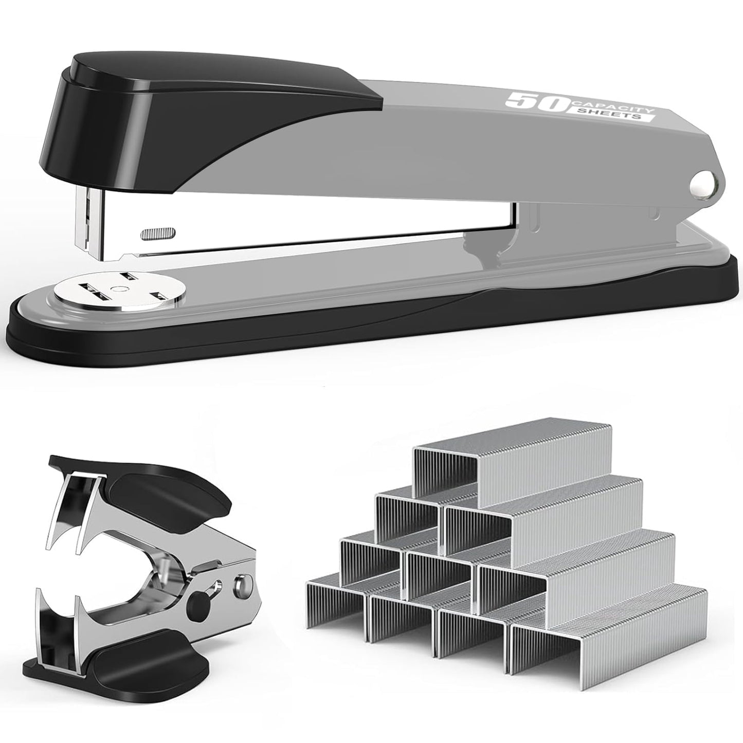 BAODELI Heavy Duty Metal Stapler, 50-Sheet Capacity, Includes Staples & Remover, Black, Full Strip for Office Desk