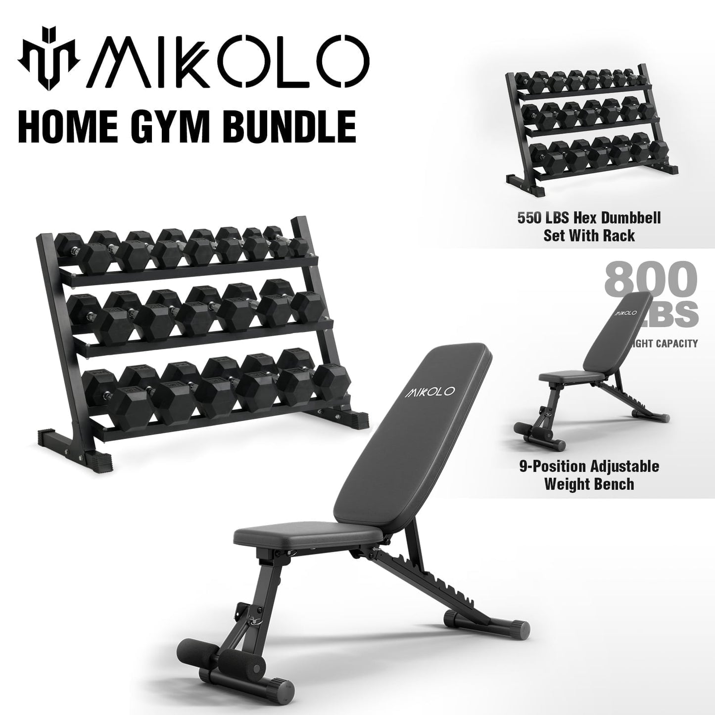 Mikolo Rubber Hex Dumbbell Set with Racks, Options in 550lbs, Strength Training Weight Set Home Gym