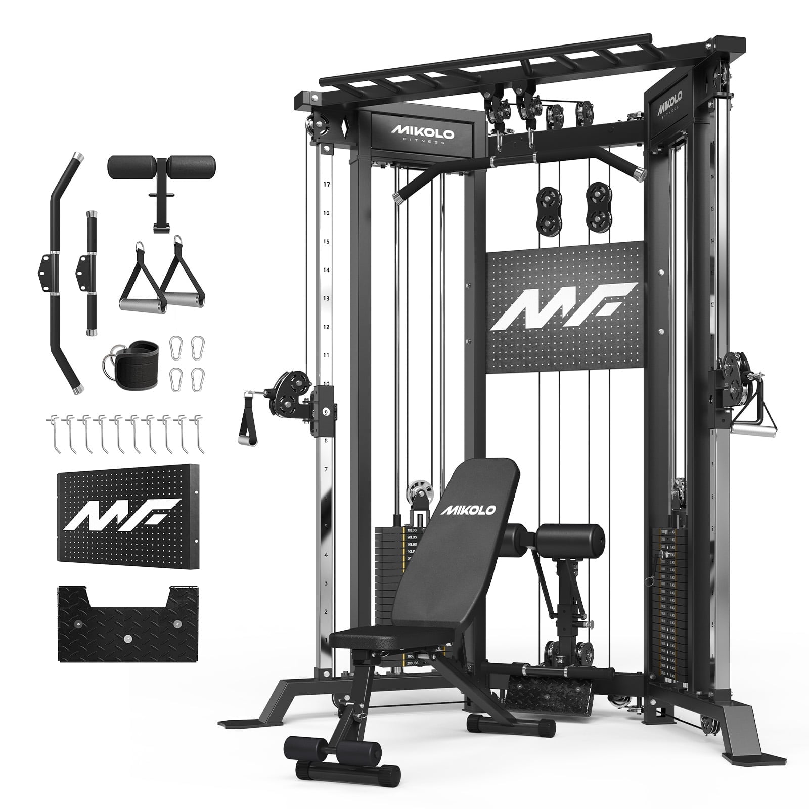 Mikolo Functional Trainer with 400lbs Weight Stack, Cable Crossover Machine with Independent Double Pulley System, 2000lbs Multi-Functional Chest Fly Machine, Lat Pulldown Machine Home Gym with Bench