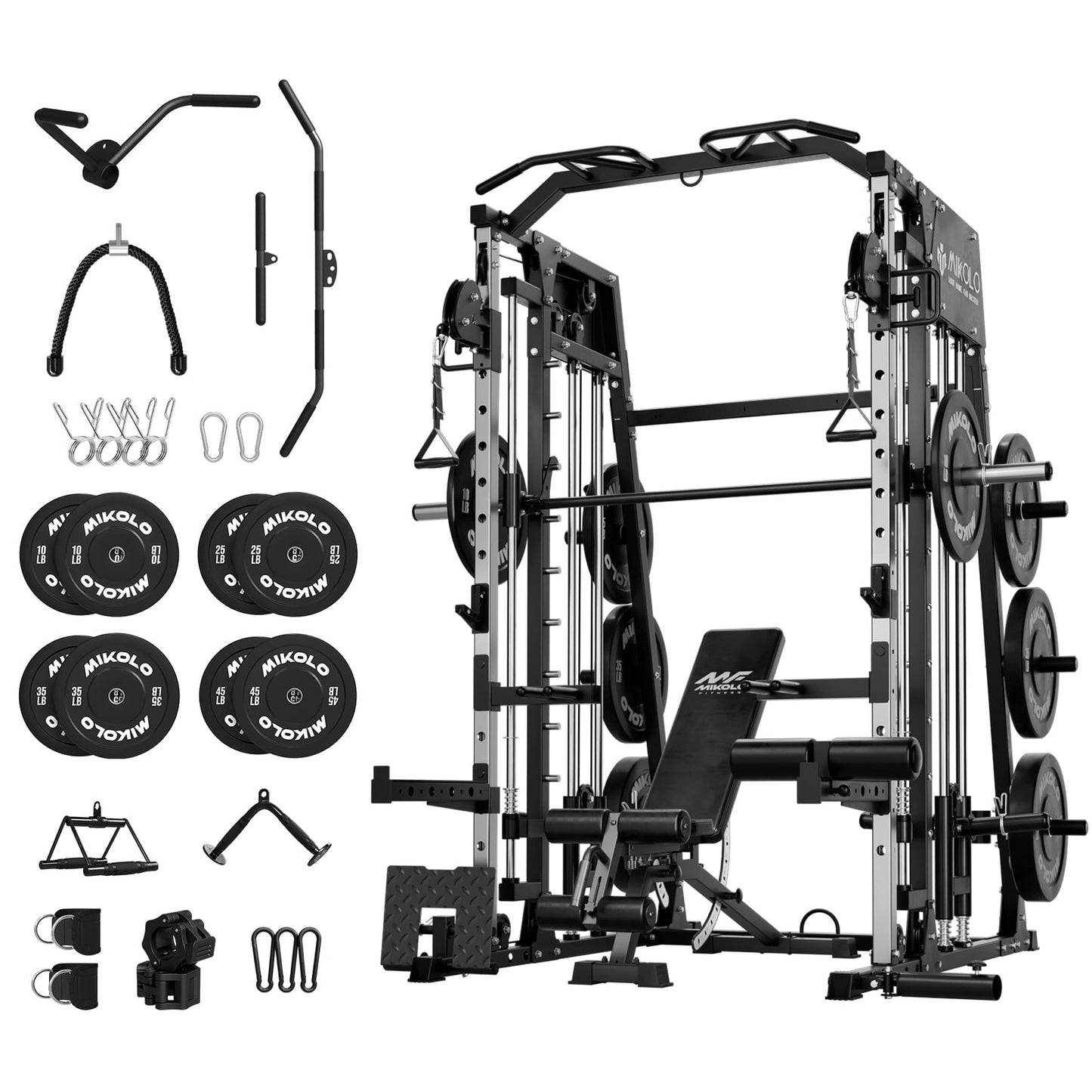 Mikolo Smith Machine Home Gym, 2200 lbs Power Rack Cage with Cable Crossover, Power Rack with 1200LB Capacity Adjustable Weight Bench and 230 lbs Weight Plate, Total Body Strength Training Equipment