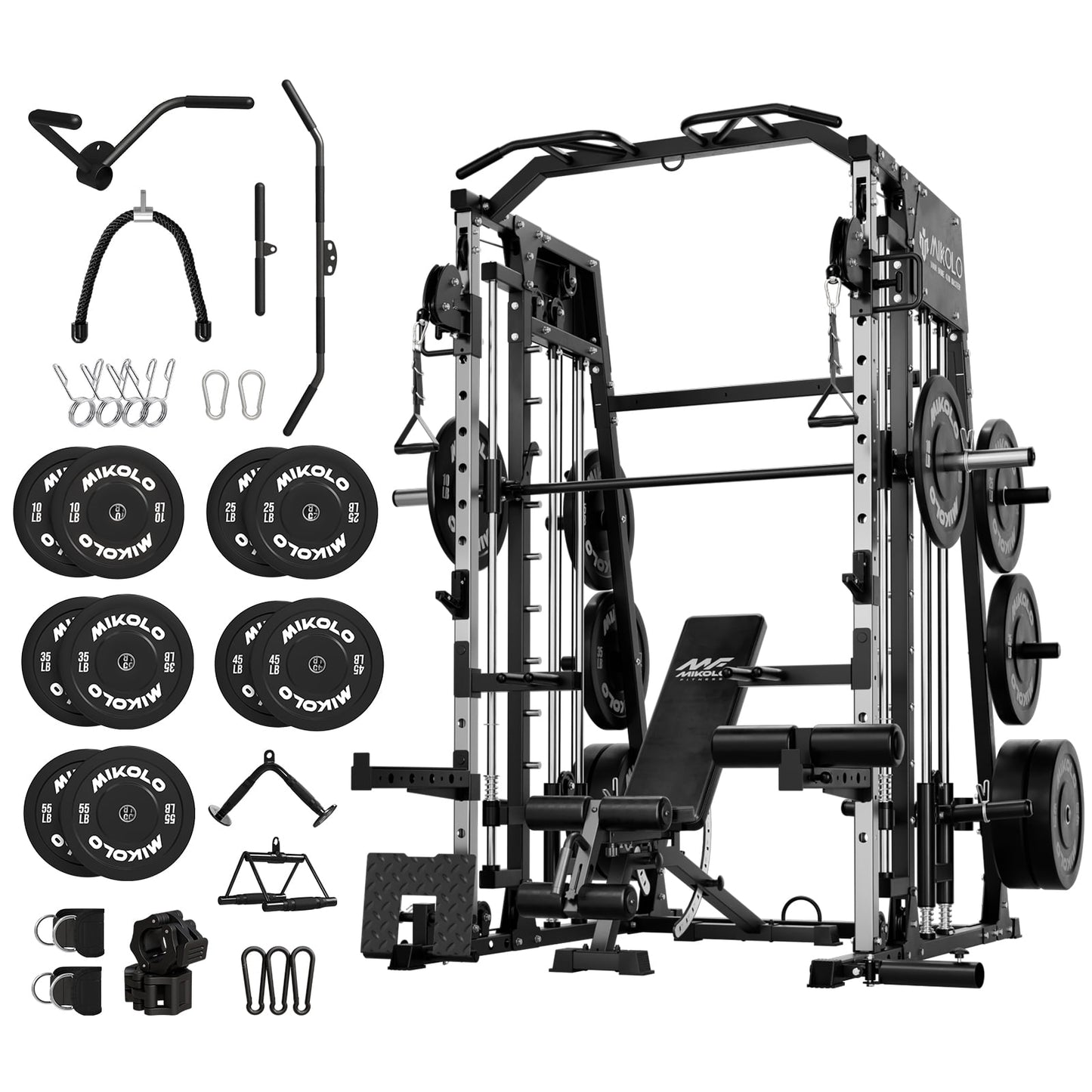 Mikolo Smith Machine Home Gym, 2200 lbs Power Rack Cage with Cable Crossover, Power Rack with 1200LB Capacity Adjustable Weight Bench and 230 lbs Weight Plate, Total Body Strength Training Equipment