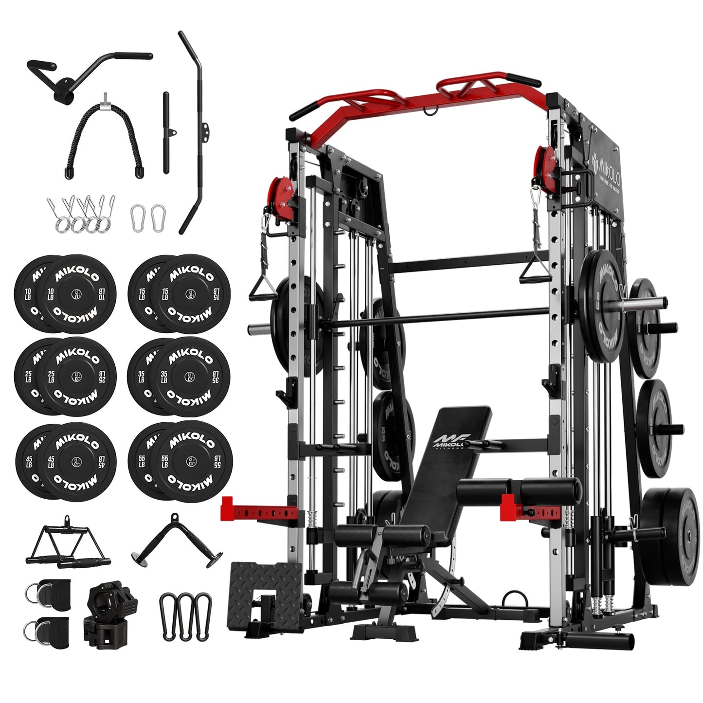 Mikolo Smith Machine Home Gym, 2200 lbs Power Rack Cage with Cable Crossover, Power Rack with 1200LB Capacity Adjustable Weight Bench and 230 lbs Weight Plate, Total Body Strength Training Equipment
