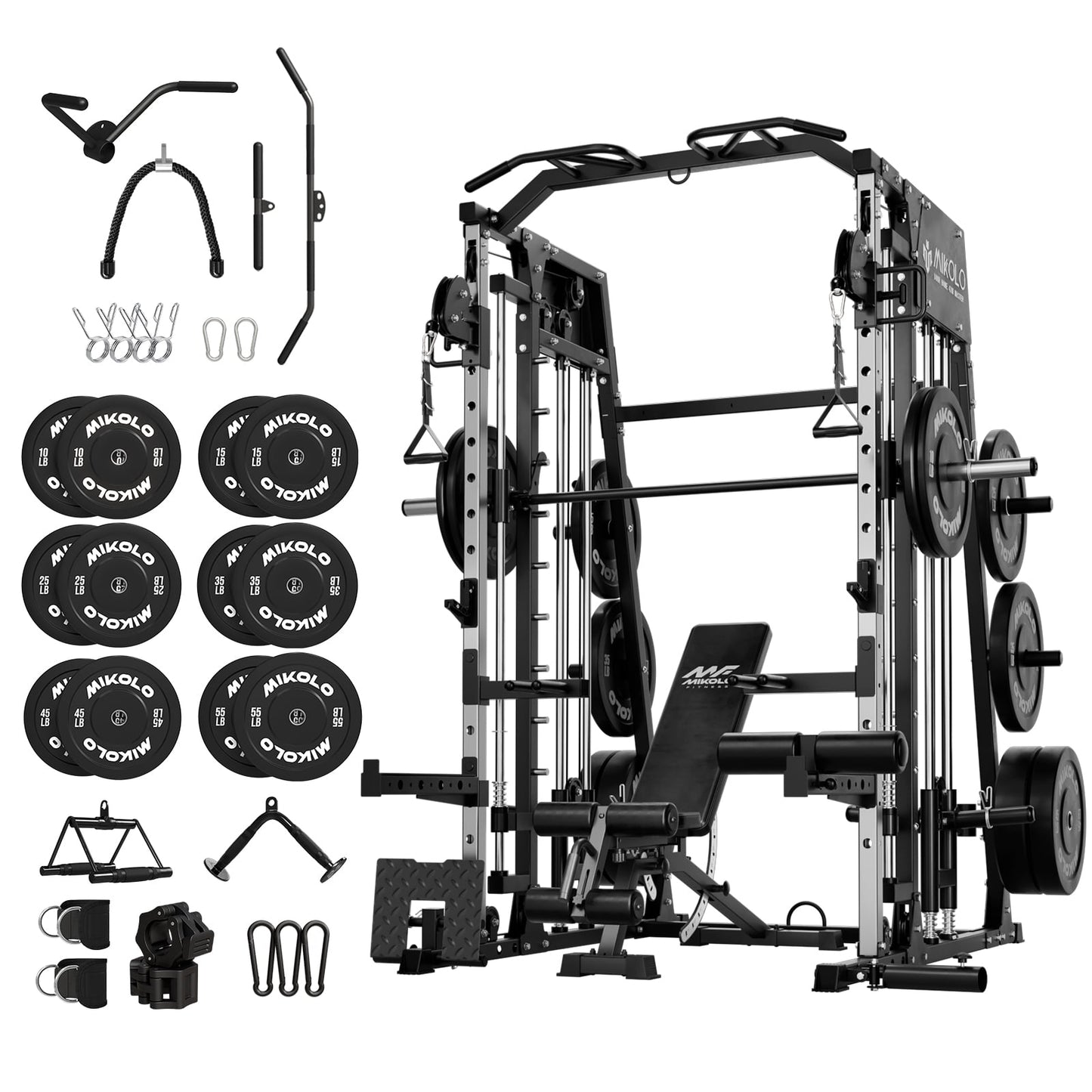 Mikolo Smith Machine Home Gym, 2200 lbs Power Rack Cage with Cable Crossover, Power Rack with 1200LB Capacity Adjustable Weight Bench and 230 lbs Weight Plate, Total Body Strength Training Equipment