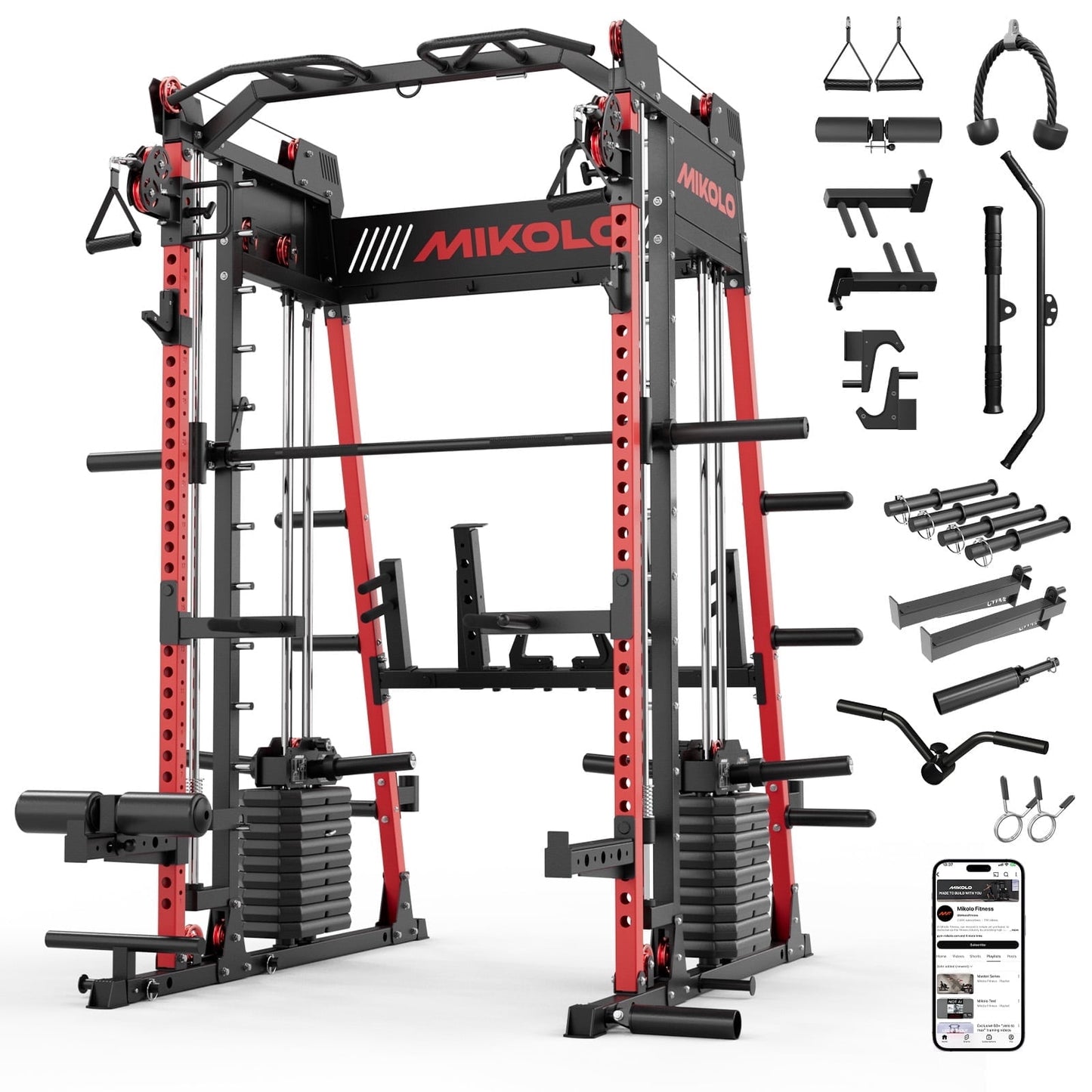 Mikolo Smith Machine Home Gym, 2200 lbs Power Rack Cage with Cable Crossover, Power Rack with 1200LB Capacity Adjustable Weight Bench and 230 lbs Weight Plate, Total Body Strength Training Equipment