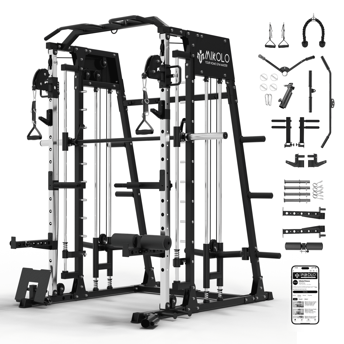 Mikolo Smith Machine Home Gym, 2200 lbs Power Rack Cage with Cable Crossover, Power Rack with 1200LB Capacity Adjustable Weight Bench and 230 lbs Weight Plate, Total Body Strength Training Equipment