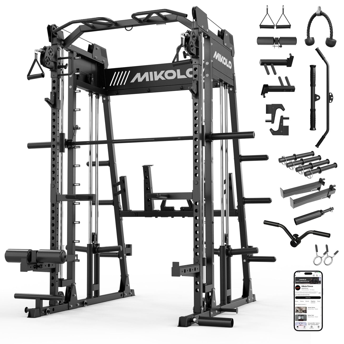 Mikolo Smith Machine Home Gym, 2200 lbs Power Rack Cage with Cable Crossover, Power Rack with 1200LB Capacity Adjustable Weight Bench and 230 lbs Weight Plate, Total Body Strength Training Equipment