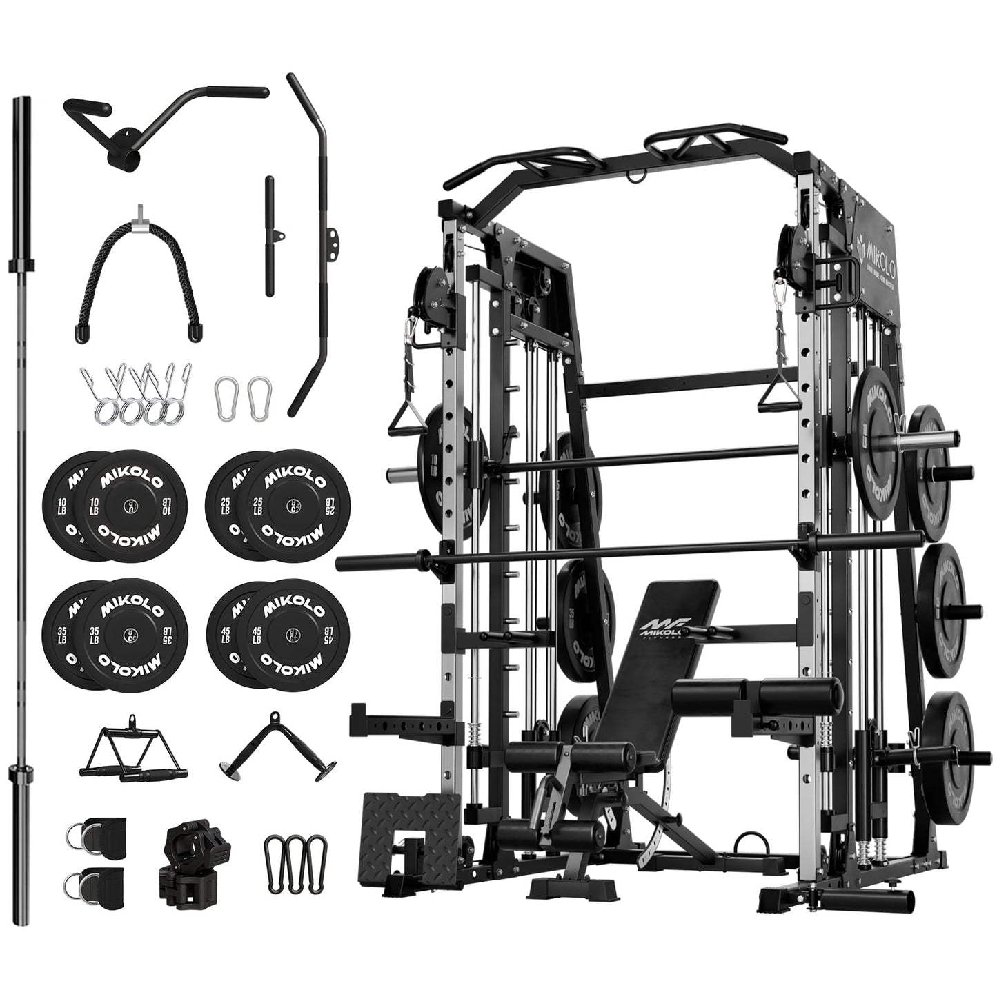 Mikolo Smith Machine Home Gym, 2200 lbs Power Rack Cage with Cable Crossover, Power Rack with 1200LB Capacity Adjustable Weight Bench and 230 lbs Weight Plate, Total Body Strength Training Equipment