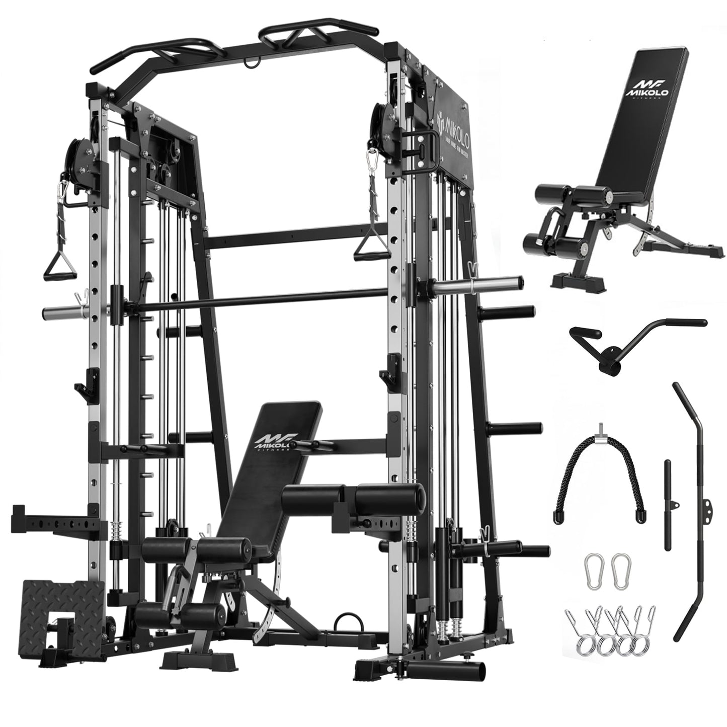 Mikolo Smith Machine Home Gym, 2200 lbs Power Rack Cage with Cable Crossover, Power Rack with 1200LB Capacity Adjustable Weight Bench and 230 lbs Weight Plate, Total Body Strength Training Equipment