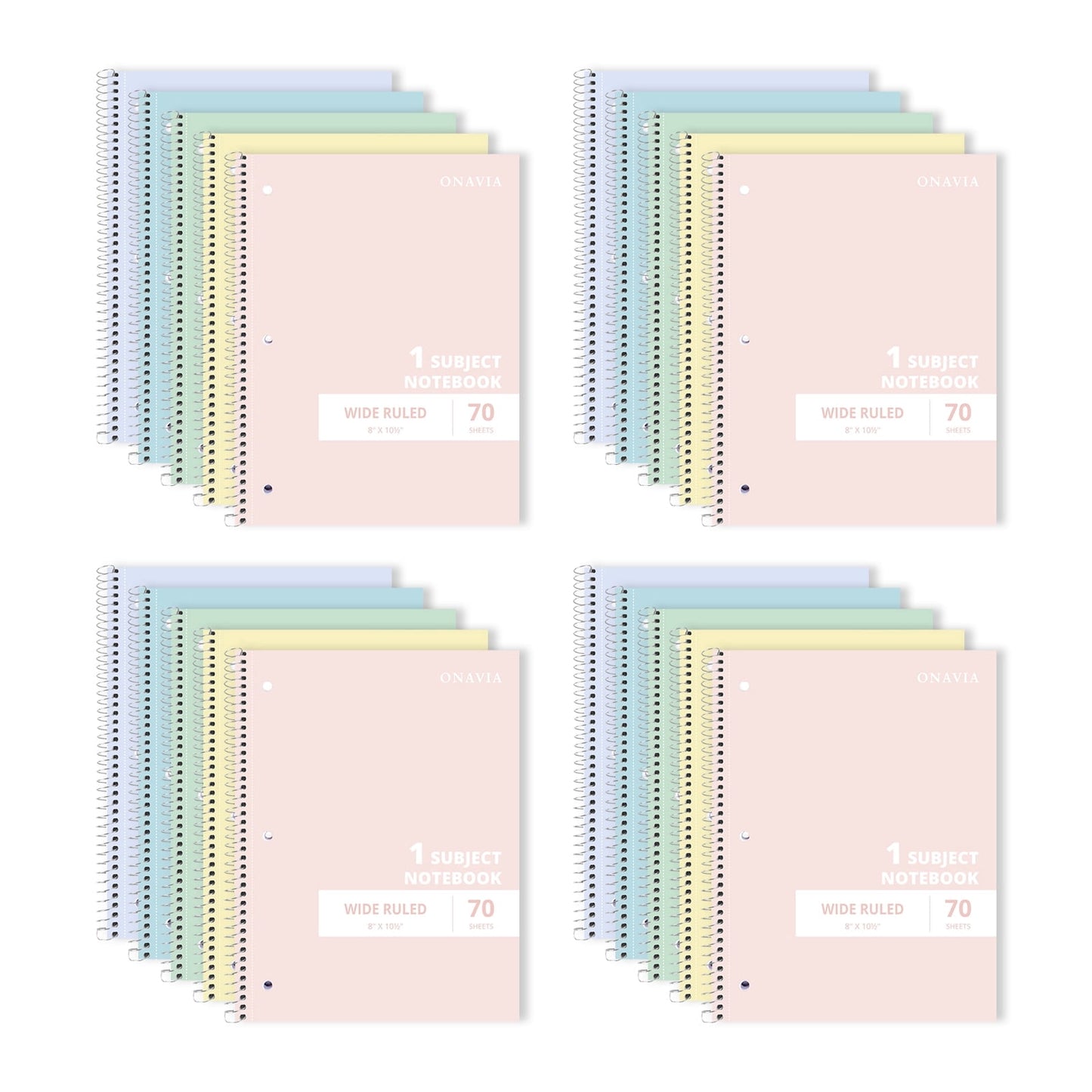 ONAVIA Spiral Notebook, Wide Ruled, 1 Subject Notebook, 5 Pack, 8" x 10.5", Durable Cardboard Back with 3 Hole Punched Paper for&nbsp;Classroom and Office, 70 Sheets, Black
