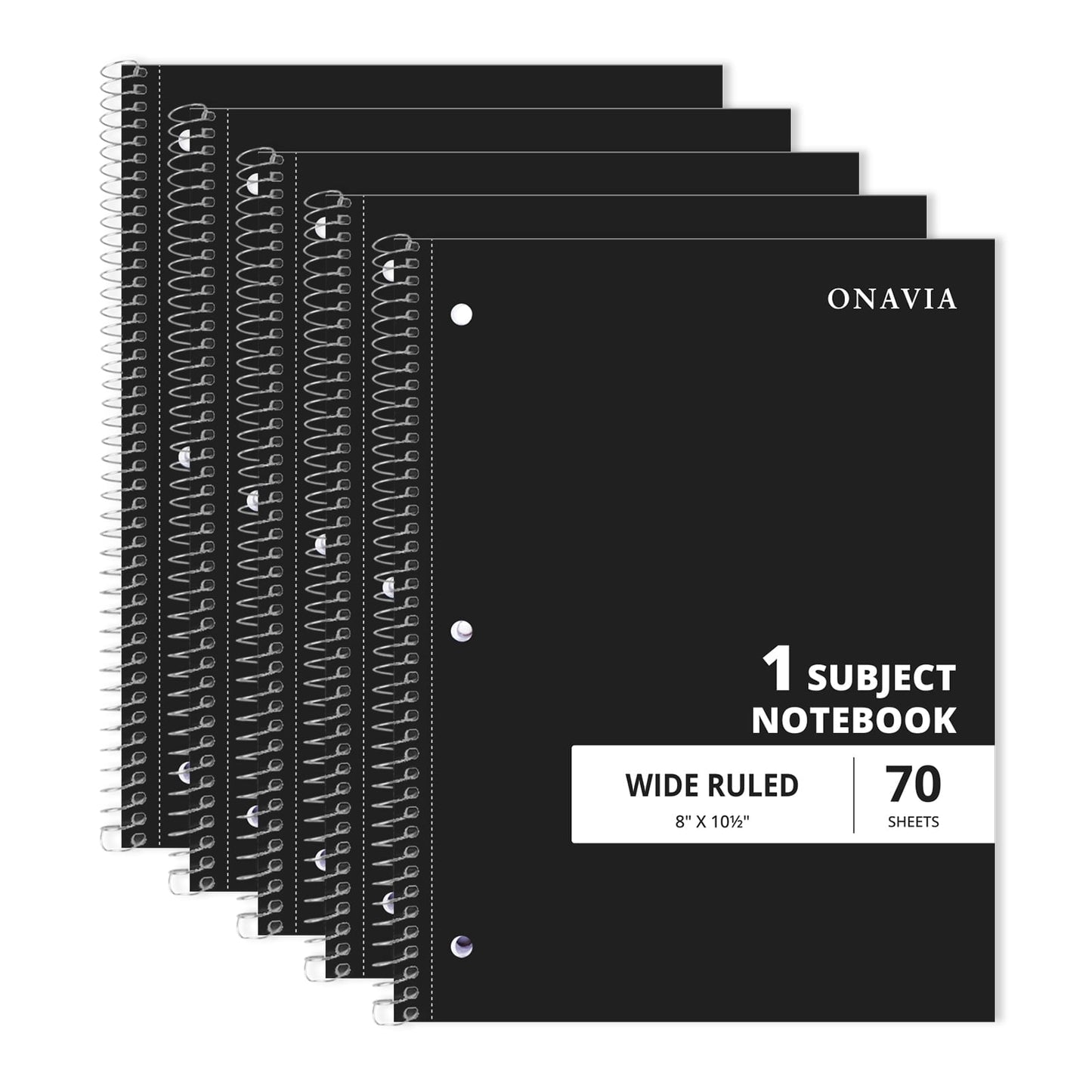 ONAVIA Spiral Notebook, Wide Ruled, 1 Subject Notebook, 5 Pack, 8" x 10.5", Durable Cardboard Back with 3 Hole Punched Paper for&nbsp;Classroom and Office, 70 Sheets, Black