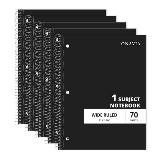 ONAVIA Spiral Notebook, Wide Ruled, 1 Subject Notebook, 5 Pack, 8" x 10.5", Durable Cardboard Back with 3 Hole Punched Paper for&nbsp;Classroom and Office, 70 Sheets, Black