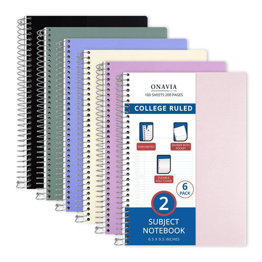 ONAVIA 2 Subject Notebook College Ruled, 6 Pack, 6" x 9.5" Spiral Notebook with 2 Divider Pockets, Poly Cover Notebook Bulk for Study, Work & Travel, 100 Sheets, Assorted Colors
