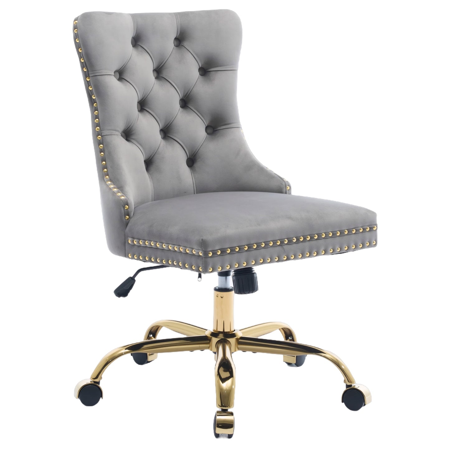 PAPROOS Vanity Chair, Swivel Home Office Chair, Ergonomic Home Desk Chair with Golden Metal Base, Adjustable Height, Velvet Upholstered Tufted Button Task Chair, Beige