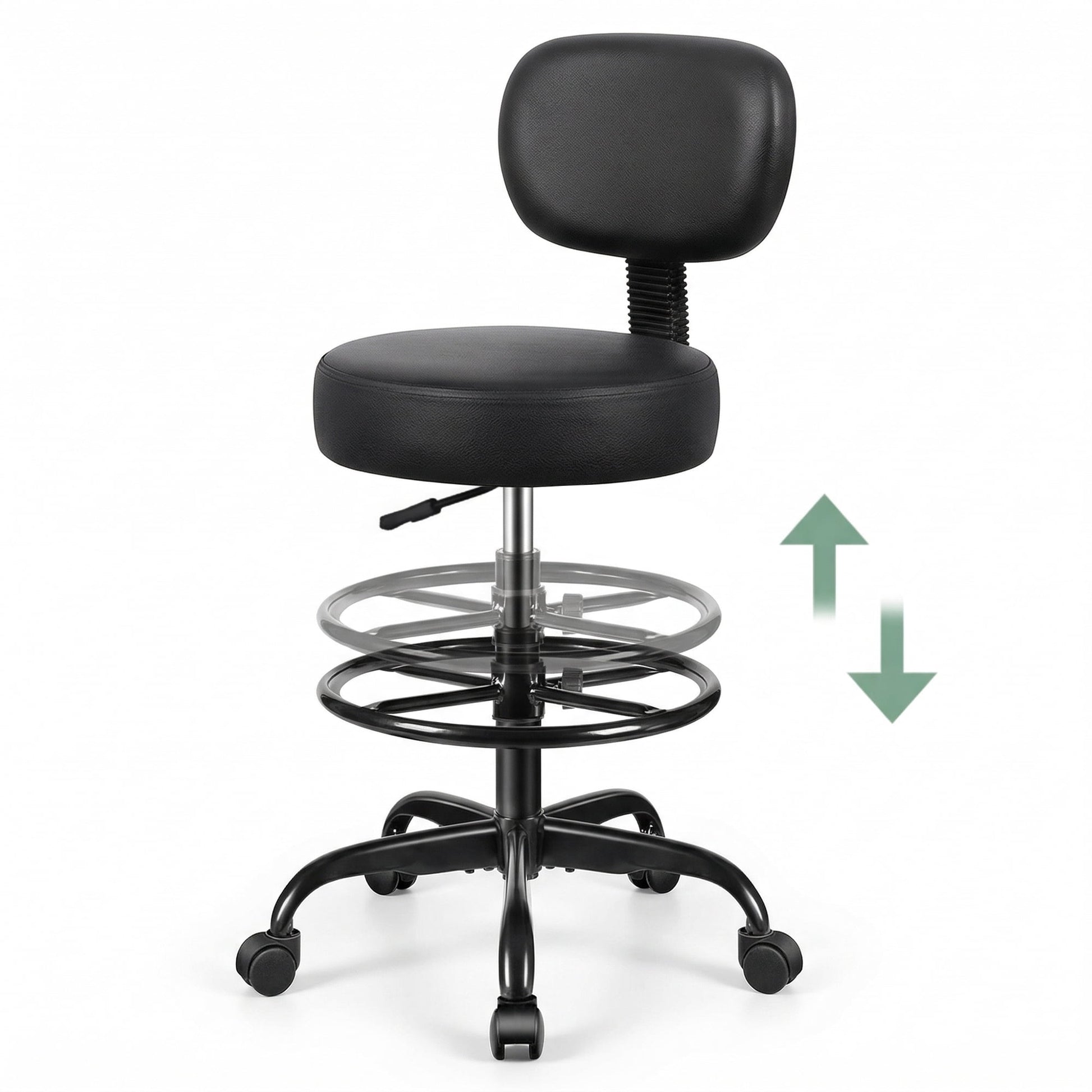 Primy Drafting Office Chair with Backrest - Adjustable Rolling Stool | Armless Office & Bar Height Chair | PU Leather with Thick Cushion | for Home, Office, Salon, Kitchen, Shop, Black