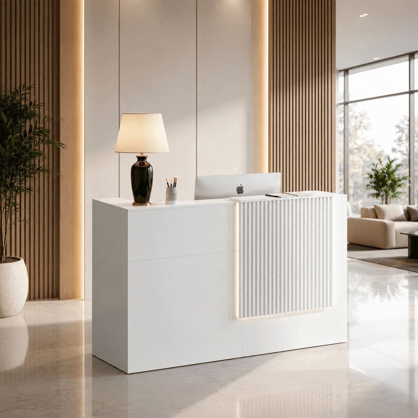 63" Modern Reception Desk with Wooden Grille Front Design, Built-in Power Outlets and Lockable Drawers for Salon, Office, Lobby or Retail Store, Black