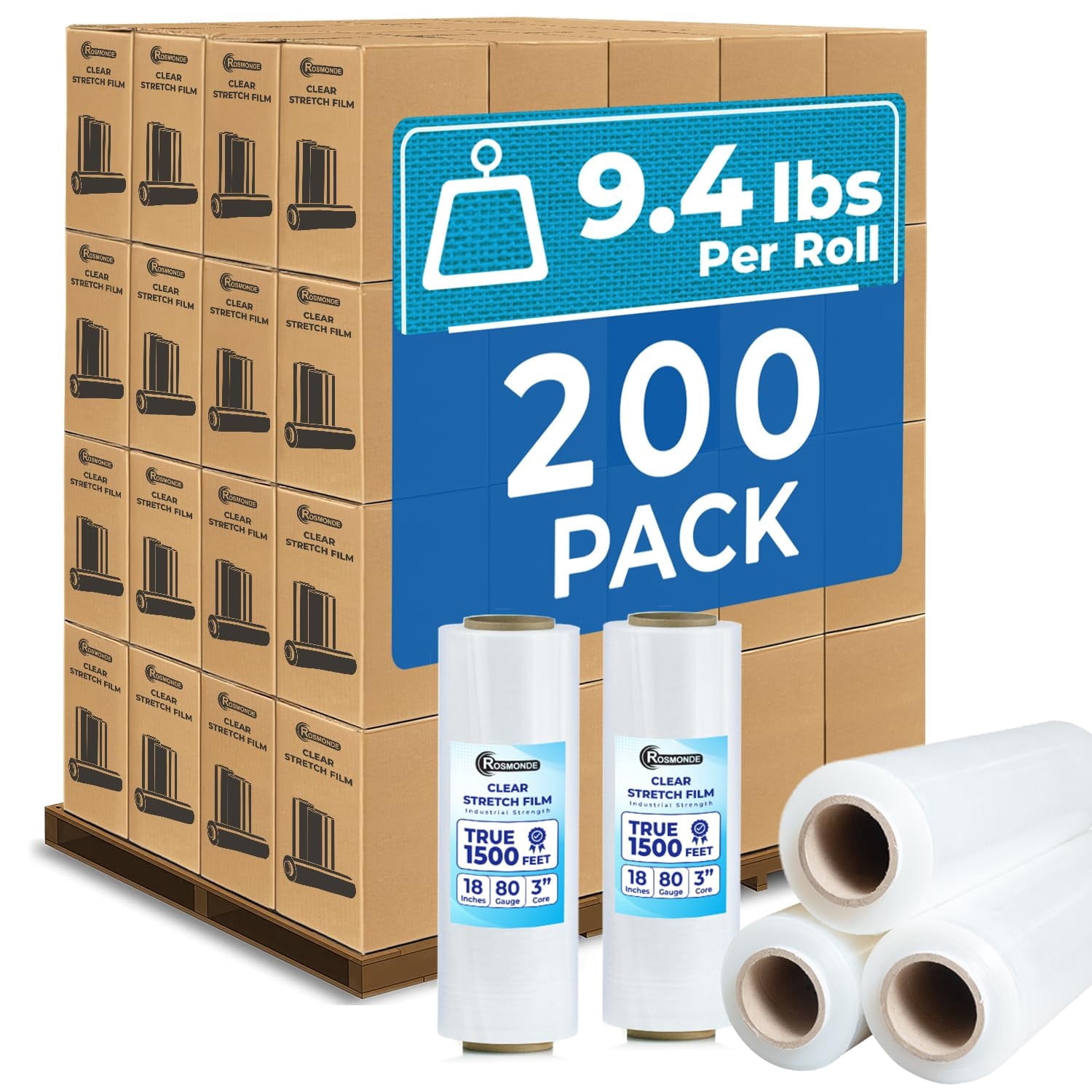 Rosmonde Plastic Stretch Wrap Bulk, 200 Pack, 18 in x 1500 ft, 80 Gauge Thick, 9.4 lbs/Roll, Heavy Duty Shrink Wrap for Moving, Storage & Warehouse Pallet Wrapping