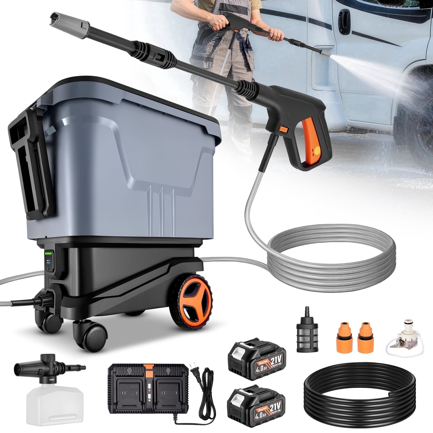 SPBTAR Electric High Pressure Washer, 2000PSI Cordless Pressure Washer with 3 Modes of Water Supply, 0°-180° Swivel Joint, 7.2 Gallon Tank & Wheels for Car/Fences/Driveway/Home/Patio Cleaning