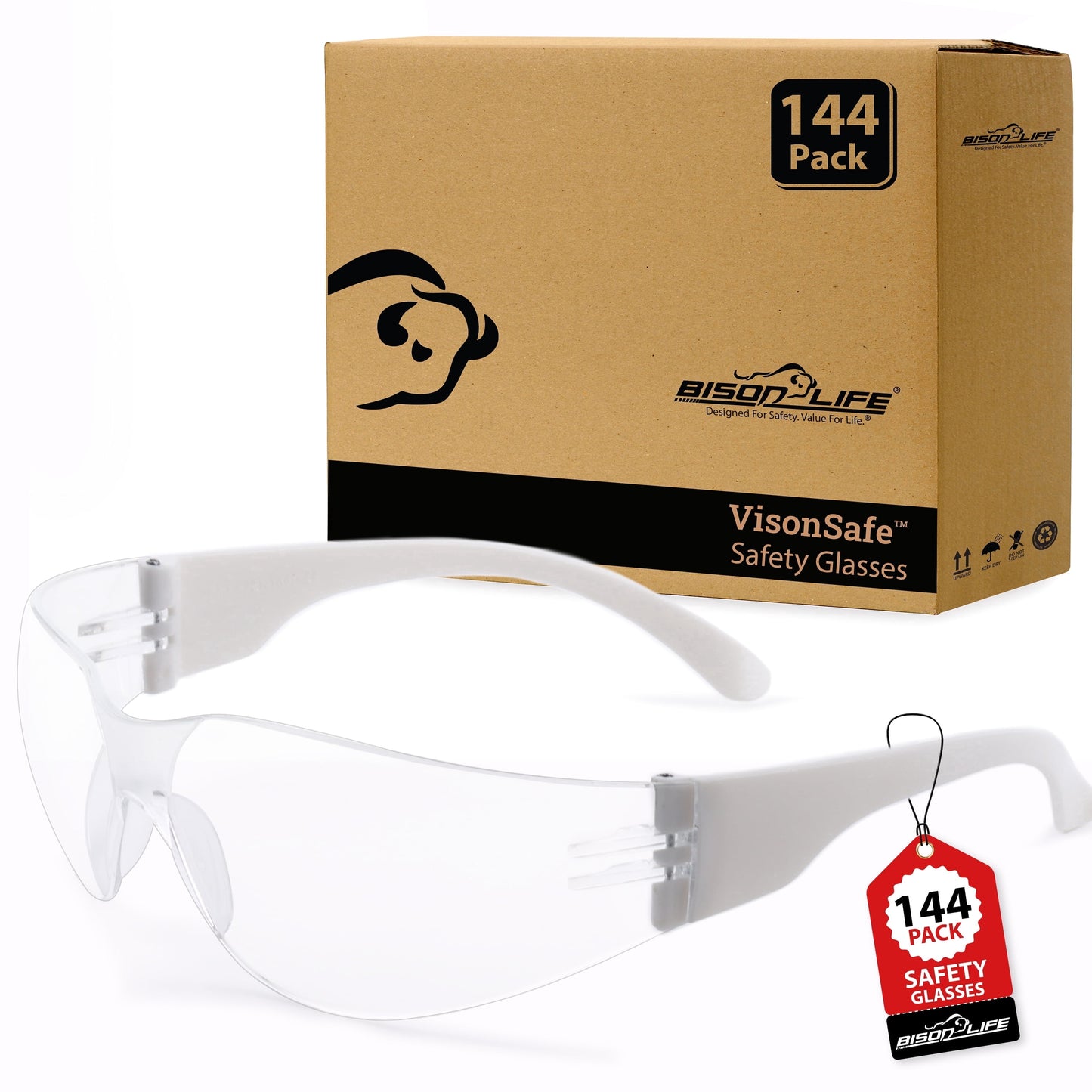 Bison Life Clear Safety Glasses, Pack of 12, ANSI Z87.1 Scratch & Impact Resistant, Polycarbonate Lens, One Size, Wrap Around Eyewear