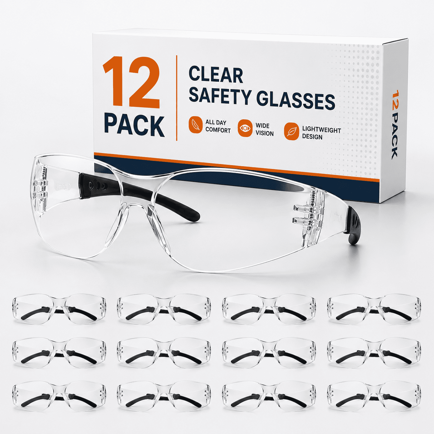 Safety Glasses 12-Pack, Clear Protective Eyewear with Scratch & Impact Resistant Lenses, Wraparound Glasses for Construction, Lab, Workshop