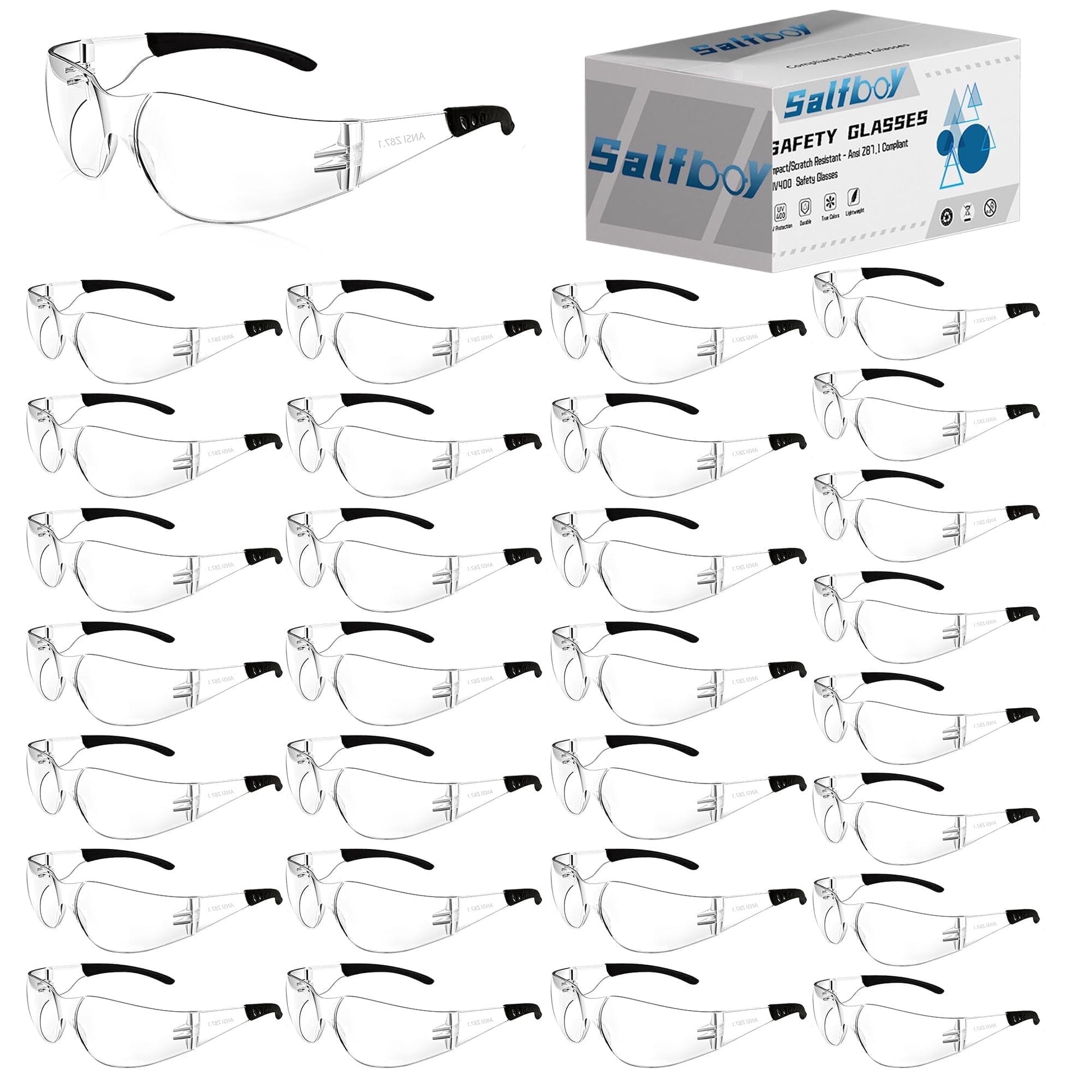 Salfboy Safety Glasses ANSI Z87.1 Anti Fog Clear Lens Safety Glasses for Men Women, Impact Resistant Scratch Resistant Protective Eyewear for Work,30 Pack