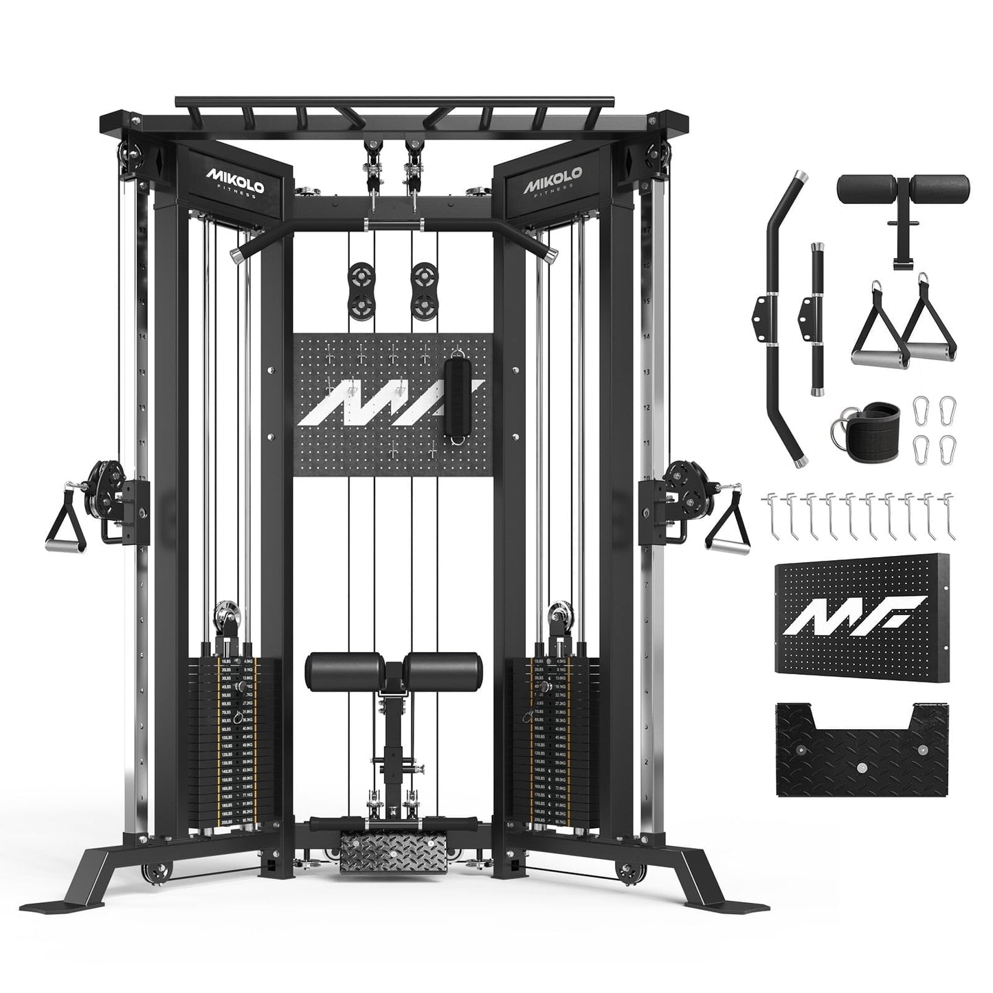 Mikolo Functional Trainer with 400lbs Weight Stack, Cable Crossover Machine with Independent Double Pulley System, 2000lbs Multi-Functional Chest Fly Machine, Lat Pulldown Machine Home Gym with Bench