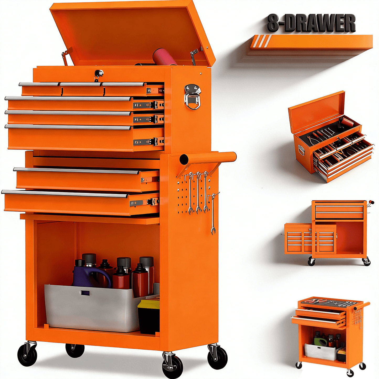 Seizeen 2-IN-1 Tool Chest & Cabinet, Large Capacity 8-Drawer Rolling Tool Box Organizer with Wheels Lockable, Black